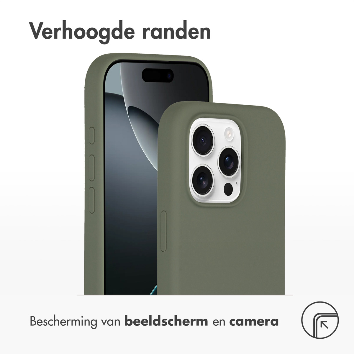 Twee olijfgroene telefoonhoesjes, één bedekt een telefoon, op witte achtergrond.