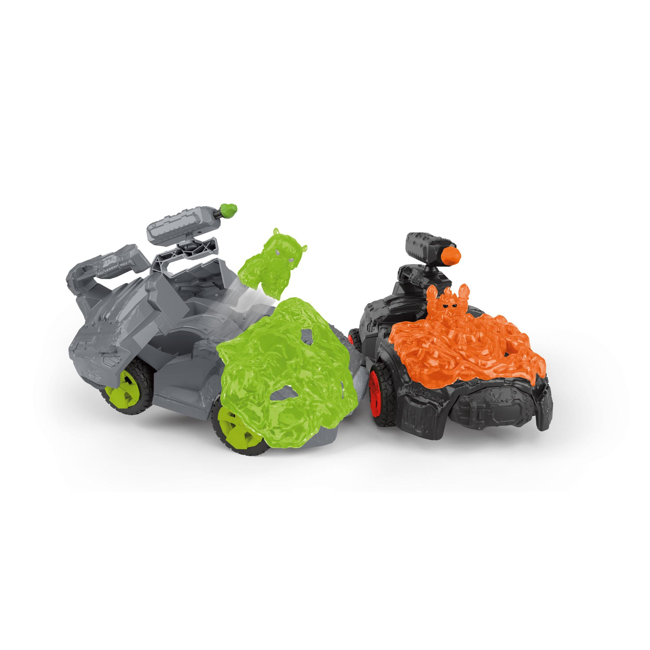 Zwei Spielzeugautos, eines grau mit grünem Schleim, das andere schwarz mit orangem Schleim.