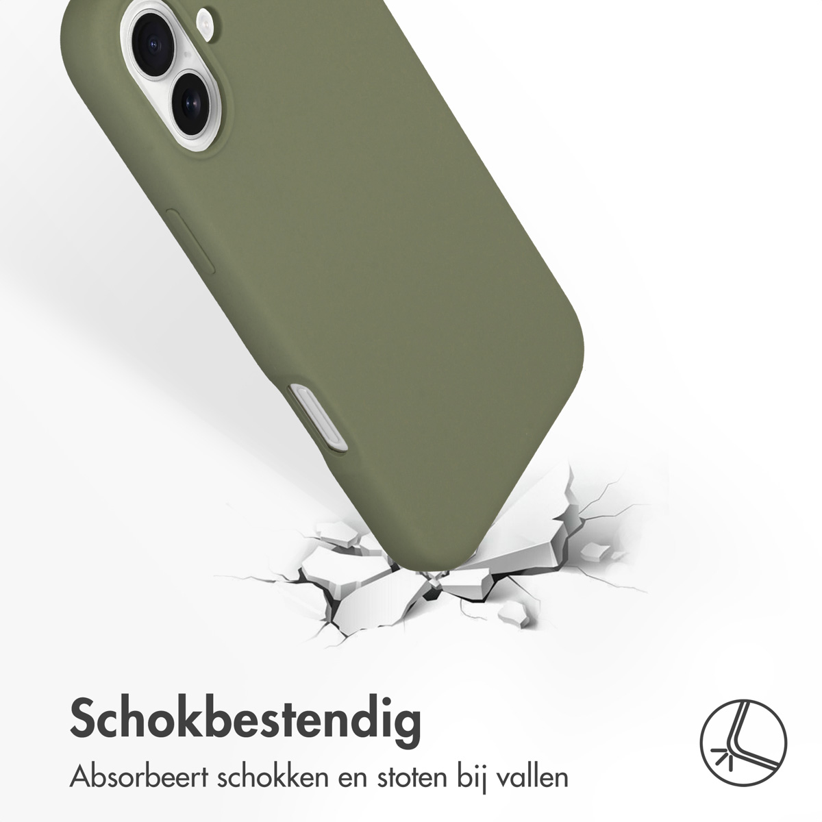 Coque de téléphone vert olive. L'étui est au-dessus d'une surface fissurée. Le mot "Schokbestendig" apparaît.