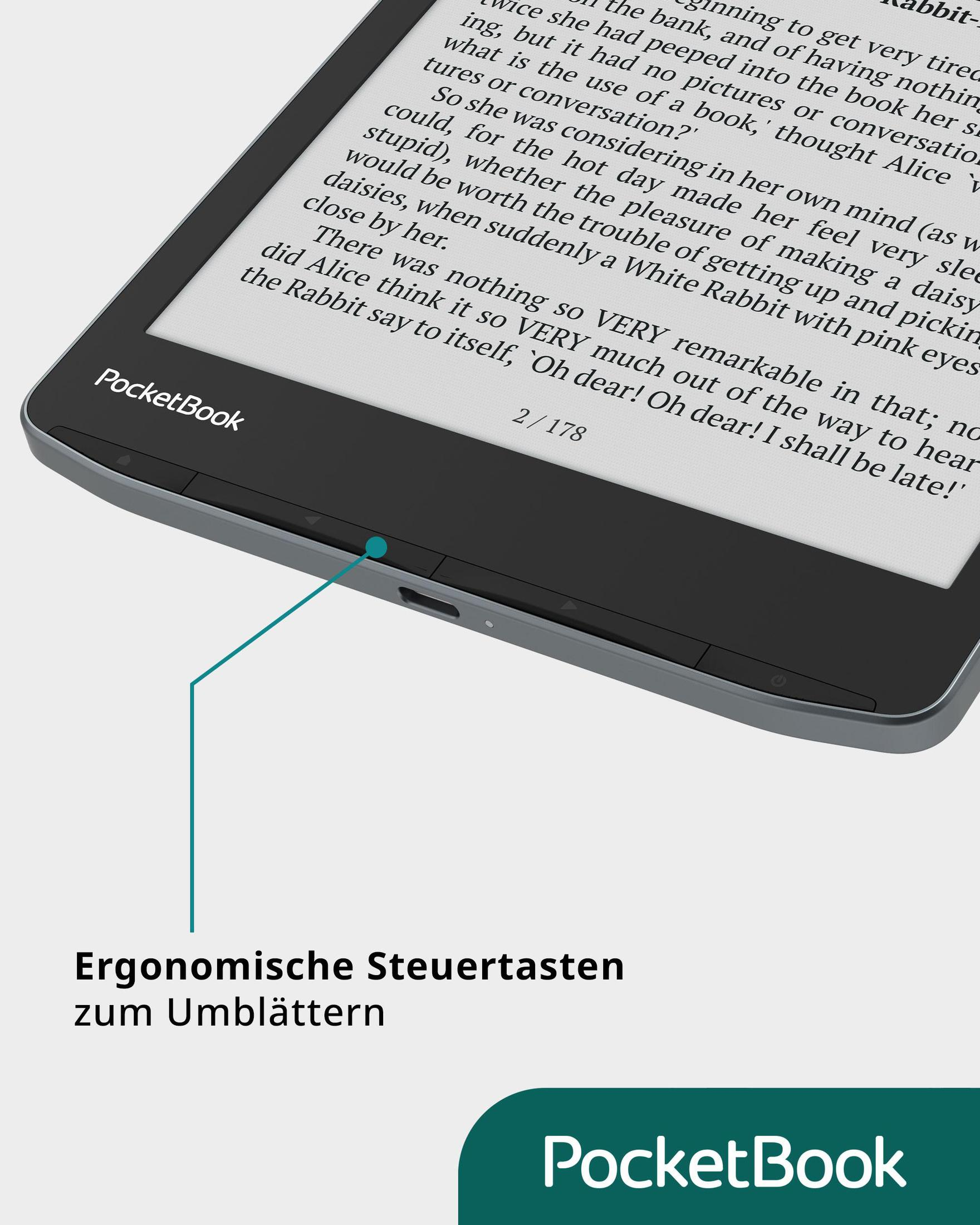 Un e-reader mostra testo sullo schermo. Un'etichetta verde dice 'PocketBook' e il testo menziona 'White Rabbit'.