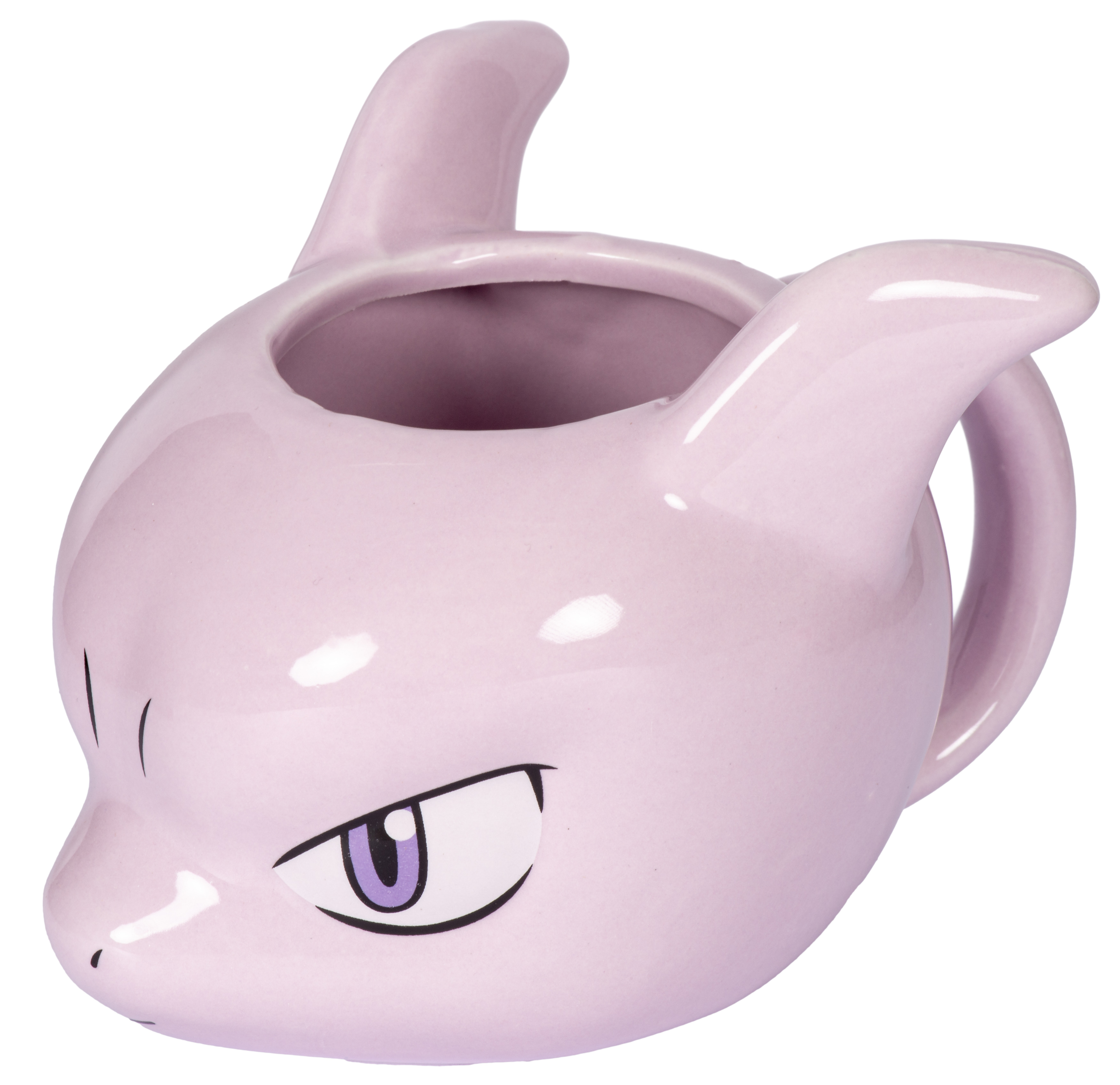 Lila Mewtwo-Tasse, cartoonartig, mit Ohren, Henkel und einem fokussierten Auge.