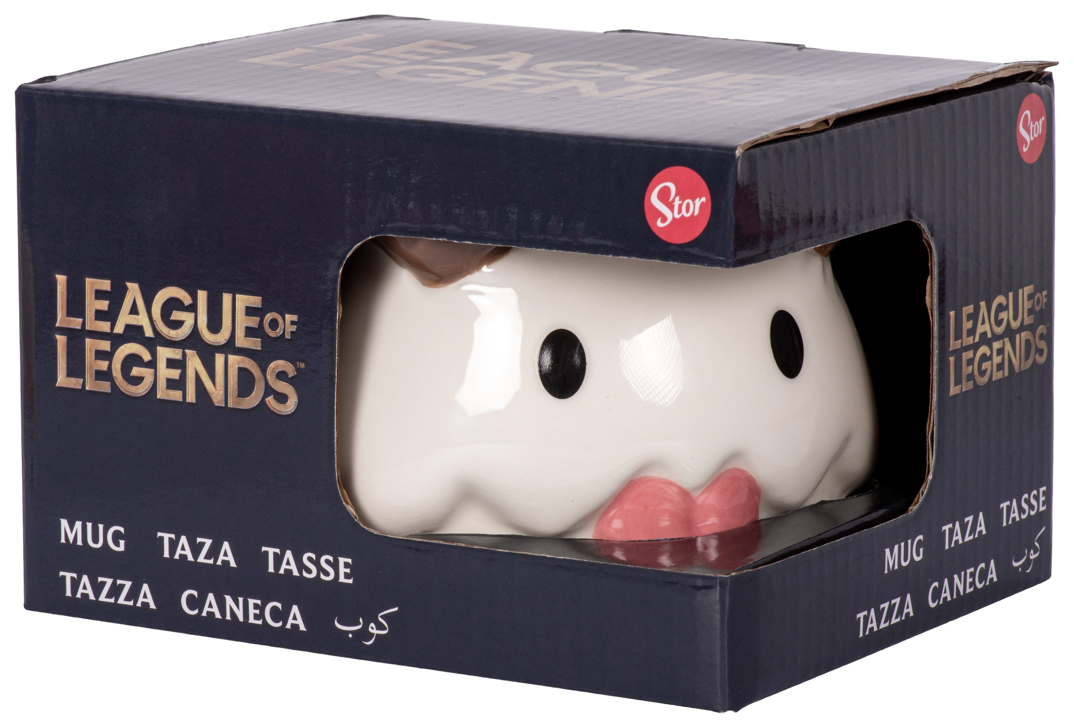 Mug League of Legends dans une boîte. Blanc, avec un visage et un nœud rose.