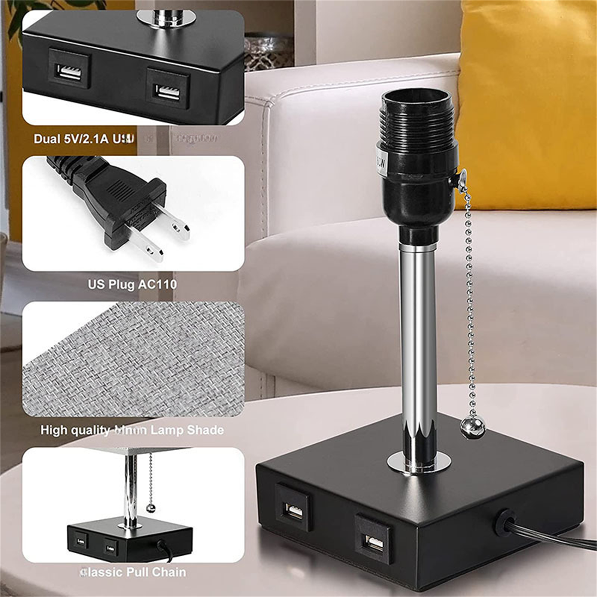 Eine schwarze Lampe mit USB-Anschlüssen, einem Stecker und einer Zugkette, mit einem weißen Tisch und einem gelben Kissen.