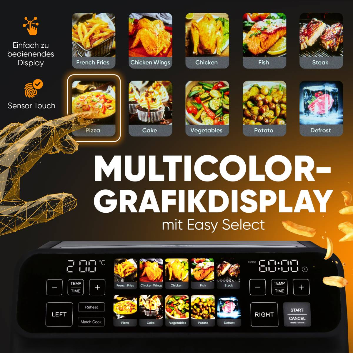 Czarny panel sterowania frytkownicy powietrznej z ikonami jedzenia. Pokazuje interfejs dotykowy.
