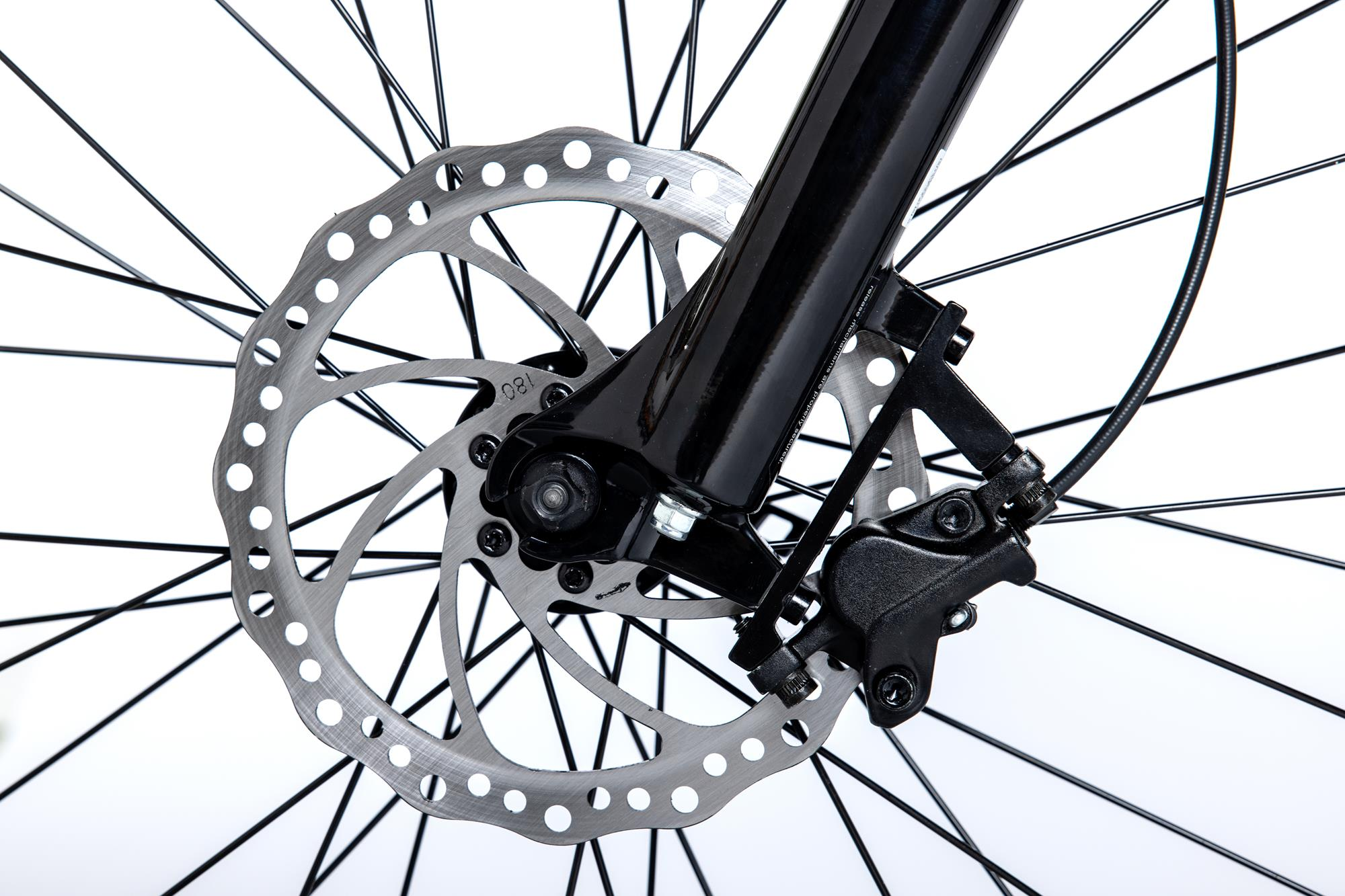 Nahaufnahme eines Fahrrad-Scheibenbremssystems, das Scheibe, Bremssattel und Speichen des Rads zeigt.