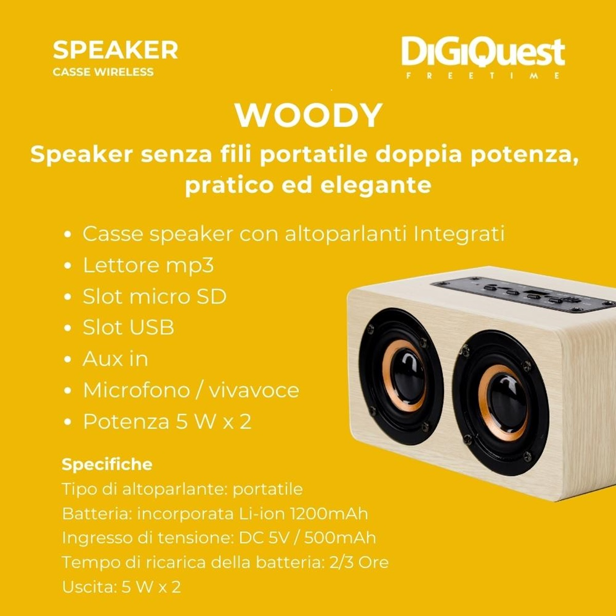 Altoparlante in legno con testo, descrizione del prodotto e specifiche.