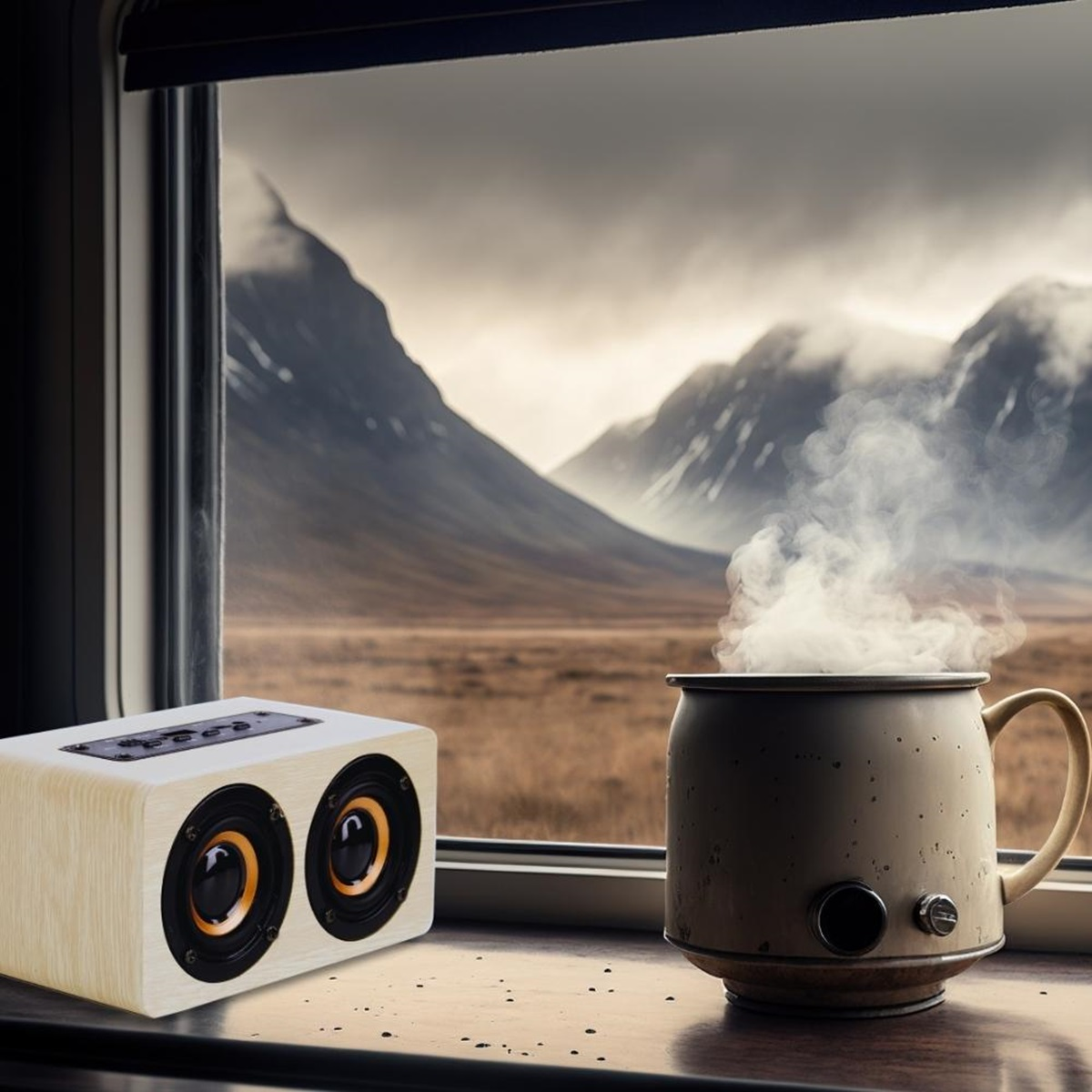 Un altoparlante e una tazza di caffè davanti a una finestra con vista sulle montagne.