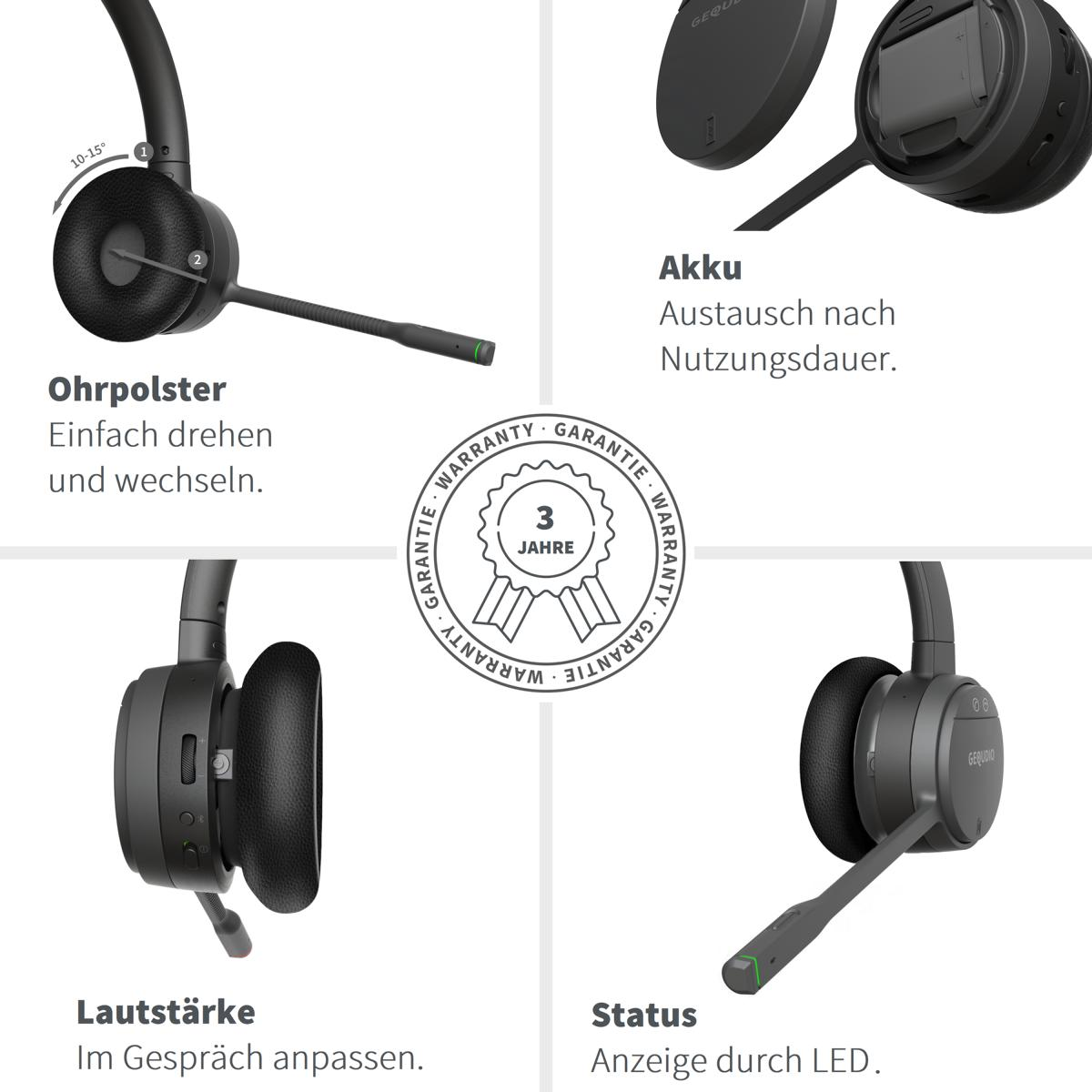 Headset mit verstellbarem Ohrpolster, Lautstärkeregelung und LED-Statusanzeige.
