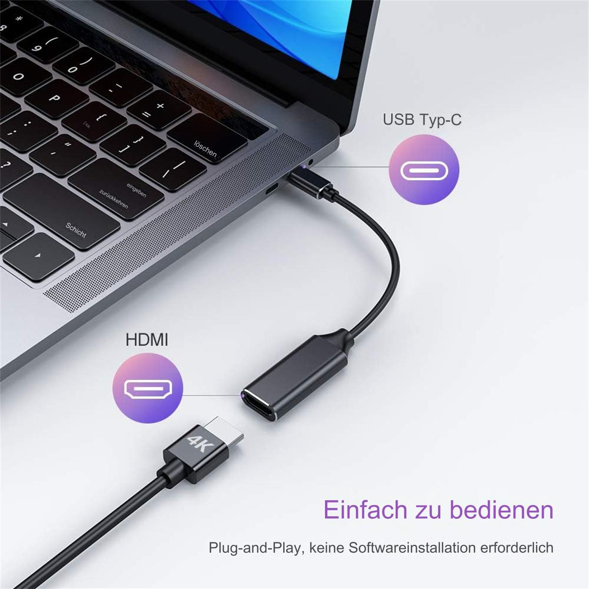 Laptop mit HDMI-Kabel und USB Typ-C-Kabel verbunden.