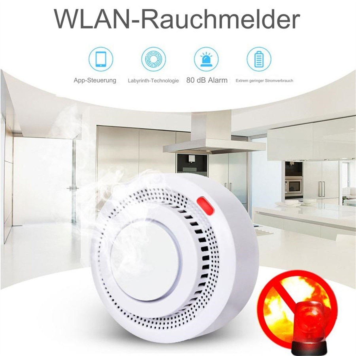 Weißer WLAN-Rauchmelder. Symbole: Telefon, Wellen, Glocke, Batterie. Text: App-Steuerung, 80dB, geringer Verbrauch.
