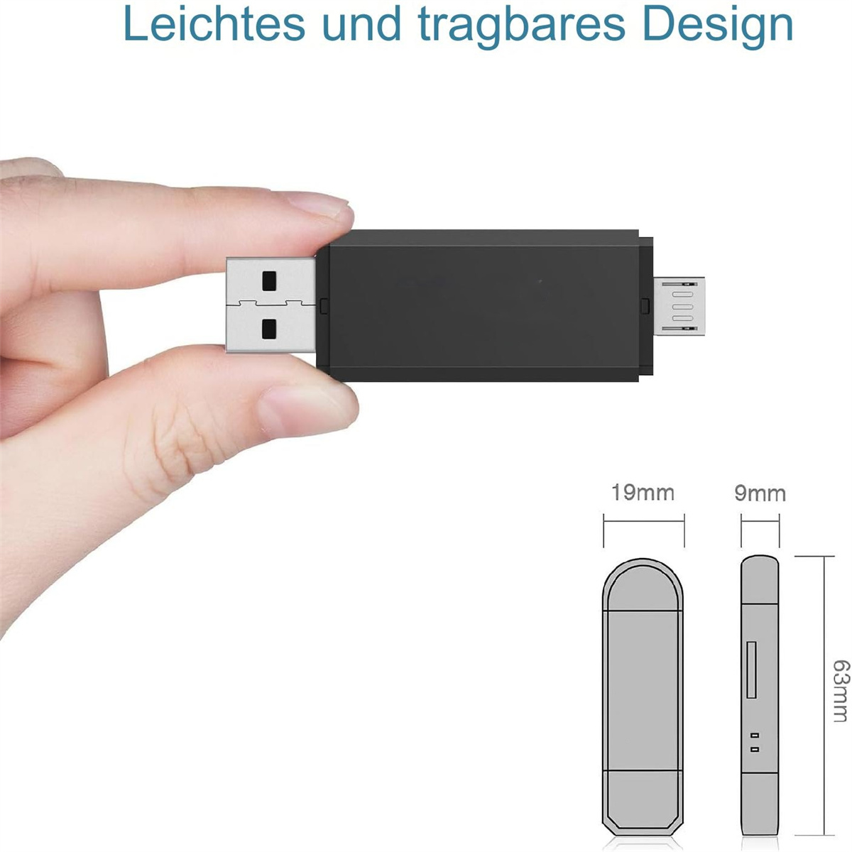 Eine Person hält einen schwarzen USB-Stick. Text und Diagramme zeigen Abmessungen.