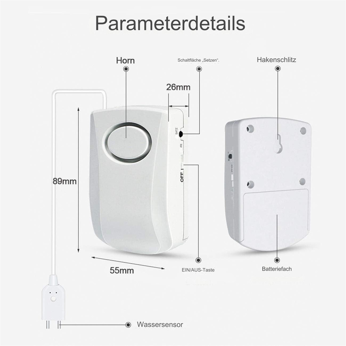 Weißer Alarmsensor mit Abmessungen. Enthält ein Horn, einen Schalter und ein Batteriefach.