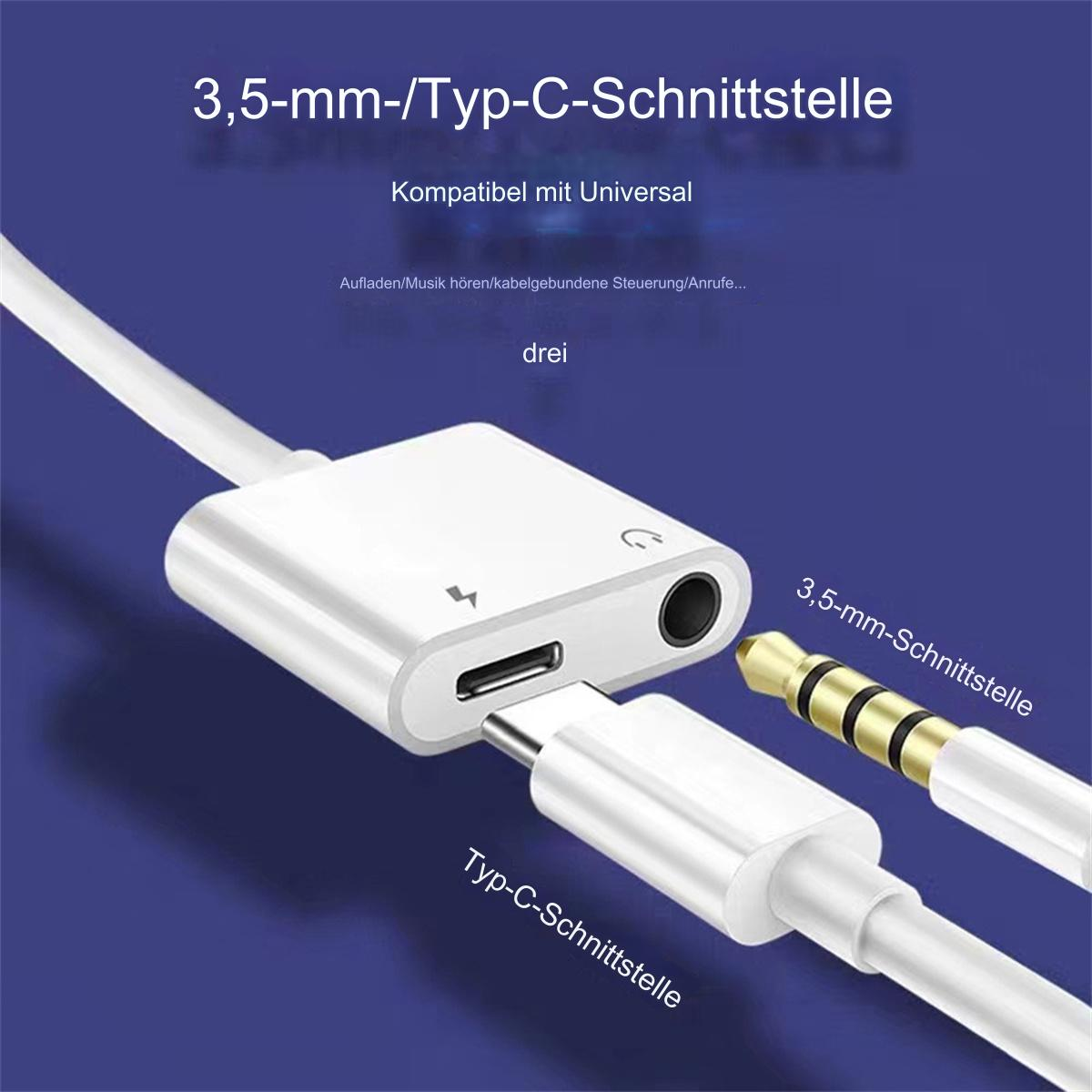 Ein weißer Adapter mit USB-C- und 3,5-mm-Audiobuchsen.