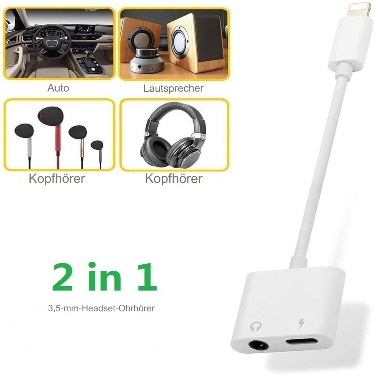 Schwarz-weißer Adapter mit mehreren Kopfhörern und Lautsprechern. Text: 2 in 1, 3,5-mm-Headset-Ohrhörer.