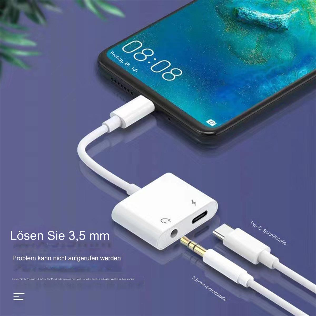 Weißer Adapter mit Anschlüssen für Audiobuchse, Typ-C und ein Telefon. Smartphone-Hintergrund.