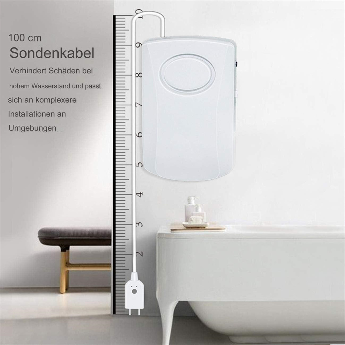 Weißes Gerät mit Lineal. Text auf Deutsch. Weiße Badewanne im Hintergrund. Weißer Hintergrund.