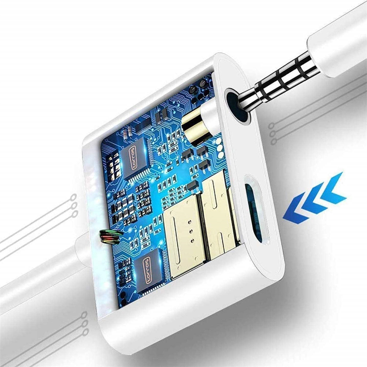Weißes und blaues elektronisches Gerät mit Kabel und blauem Pfeil.