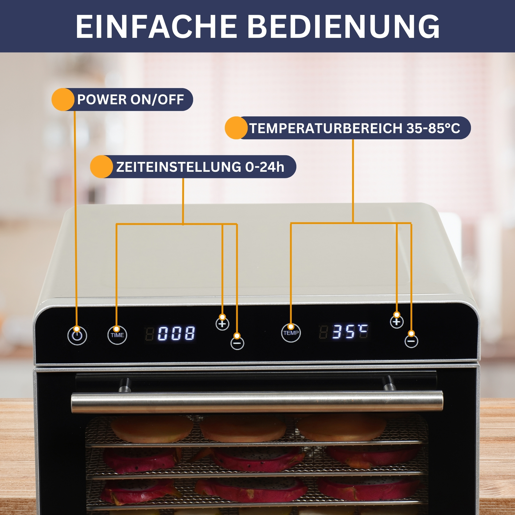 Bedienfeld eines Dörrgeräts mit Knöpfen und Anzeige.