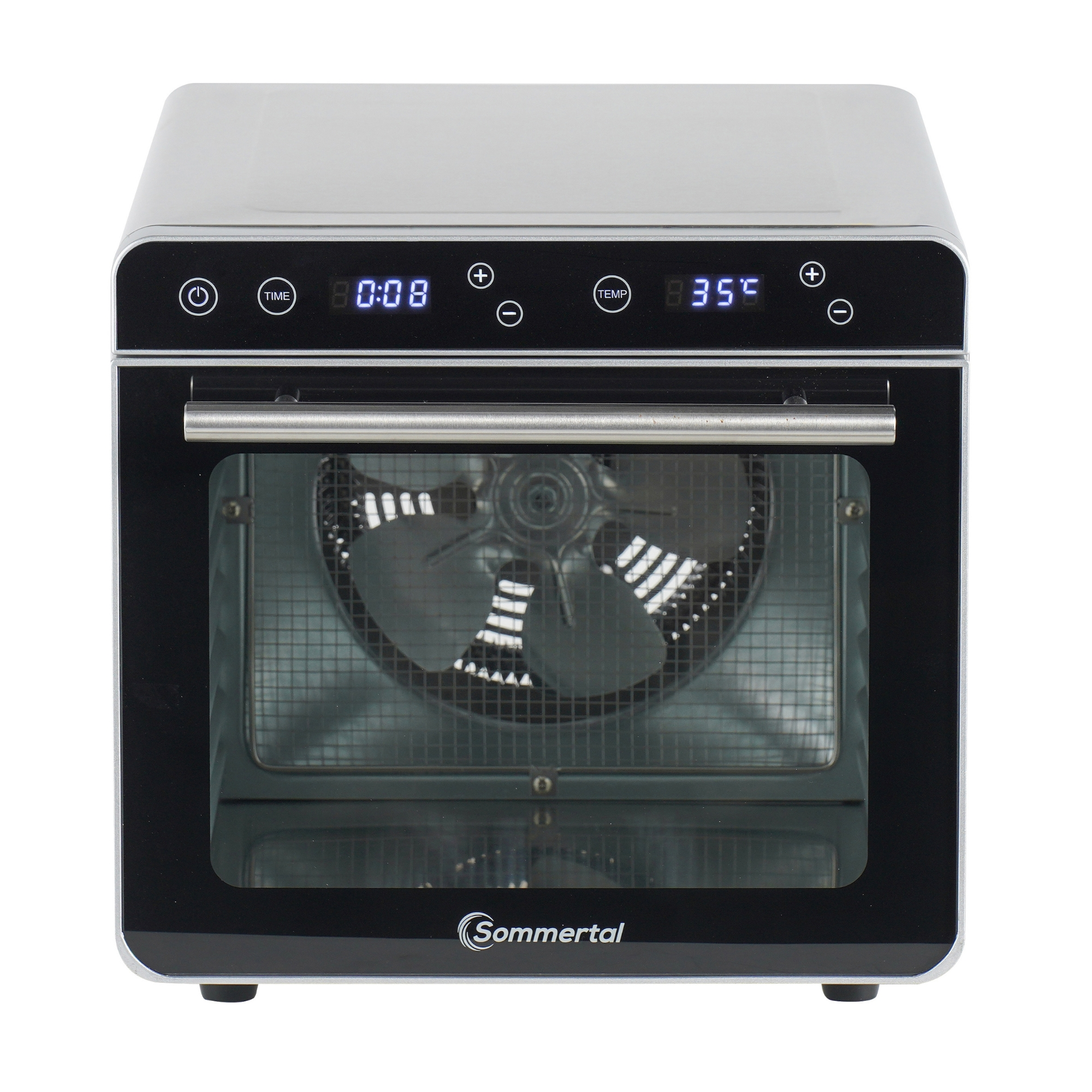 Kleiner, schwarz-silberner Dörrautomat. Er hat ein digitales Display und einen Ventilator im Inneren.