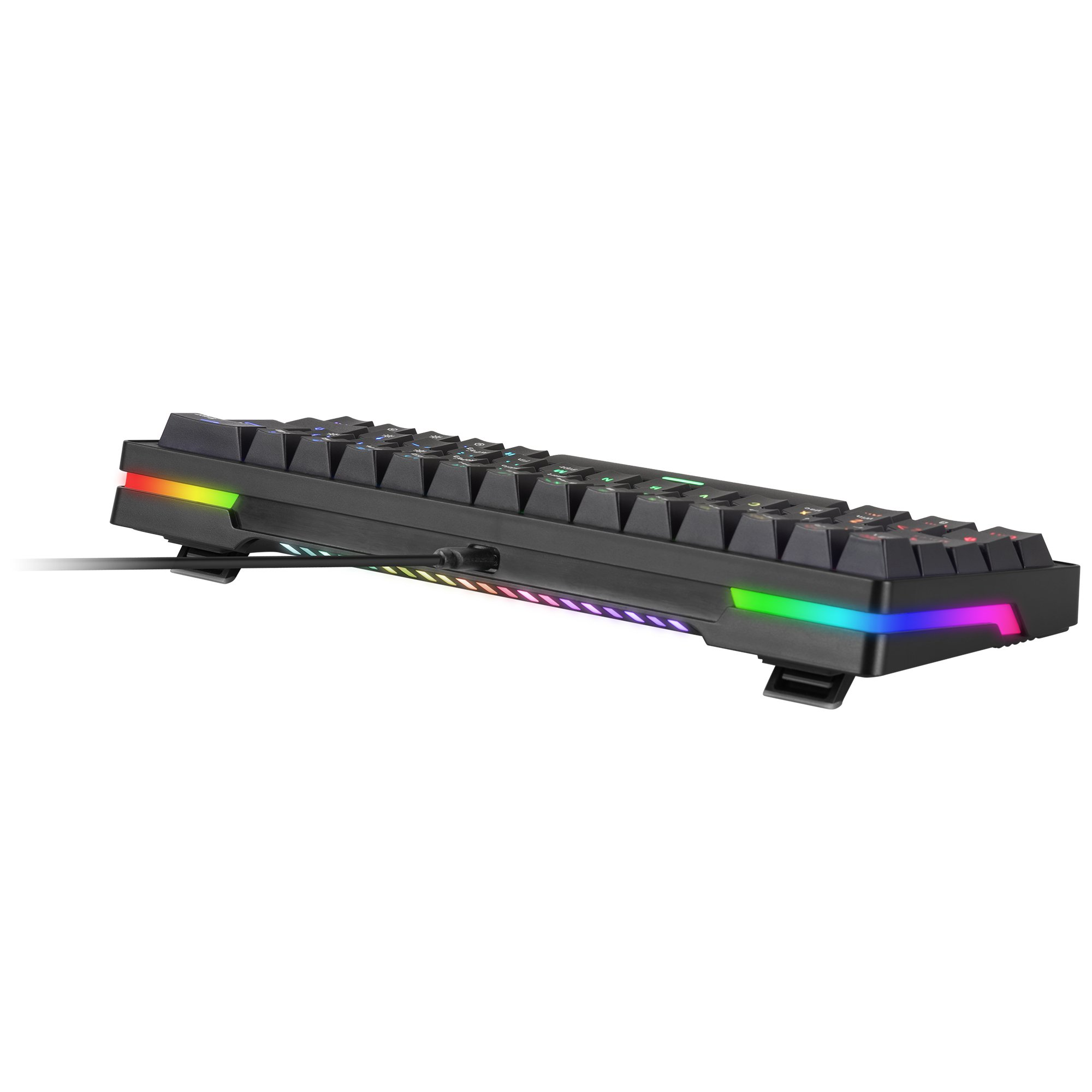 Czarna klawiatura z podświetleniem RGB. Posiada kabel i jest na białym tle. Klawisze są widoczne.