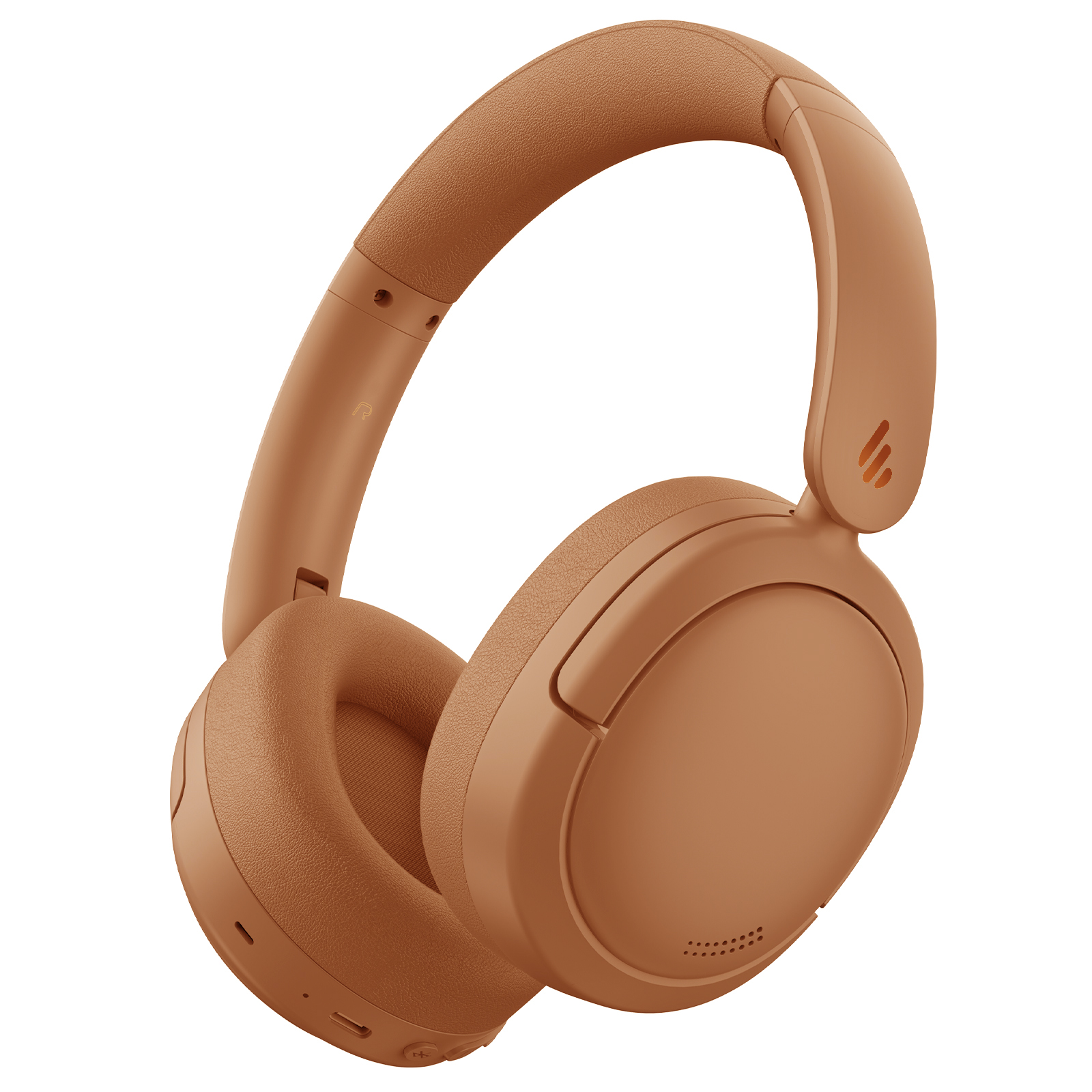 Braune Over-Ear-Kopfhörer. Seitenansicht mit Ohrmuscheln und Kopfband. Weißer Hintergrund.