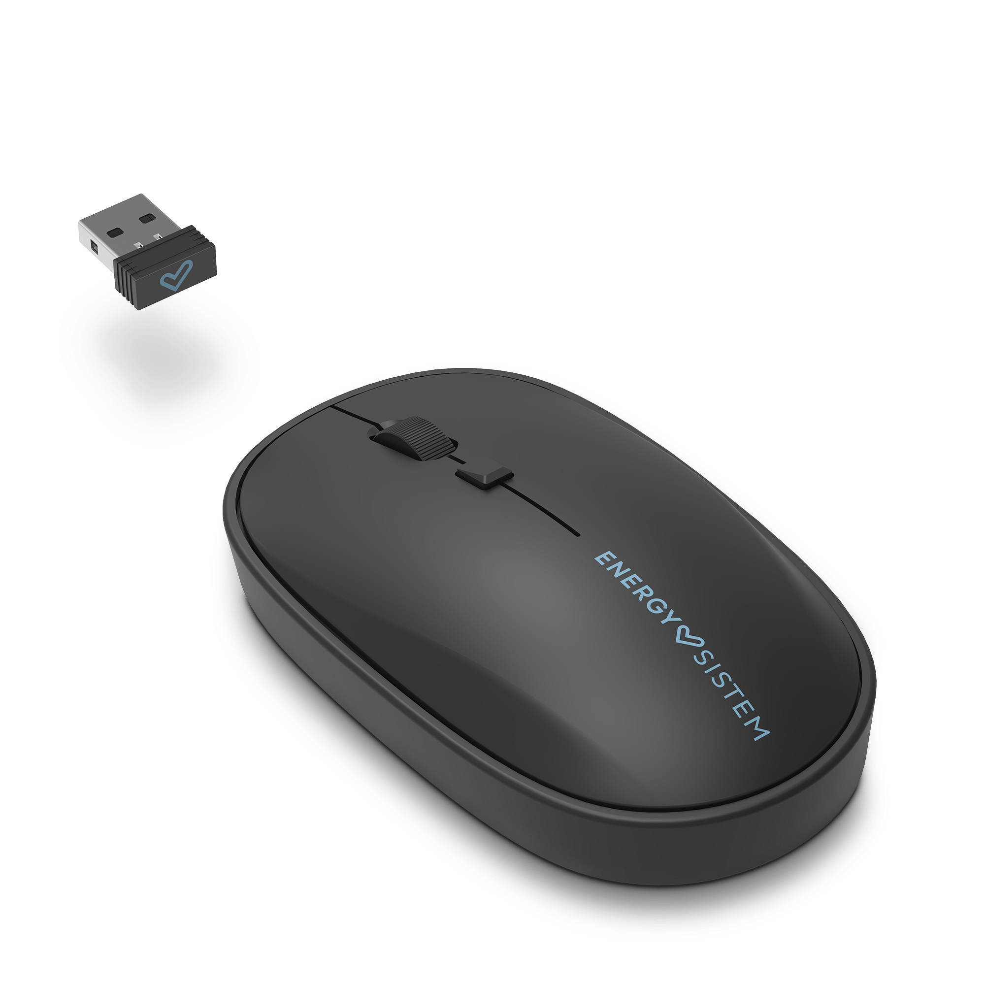 Ratón de ordenador negro con receptor USB. Marca visible.
