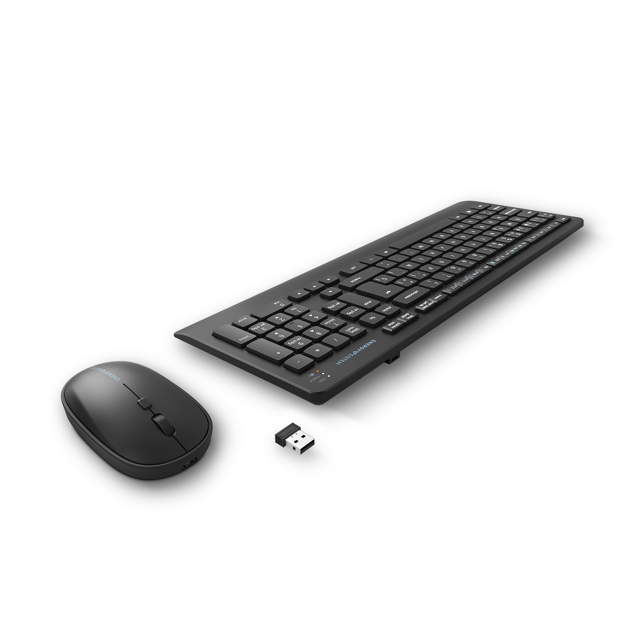 Juego de teclado y ratón inalámbricos negros con un receptor USB.