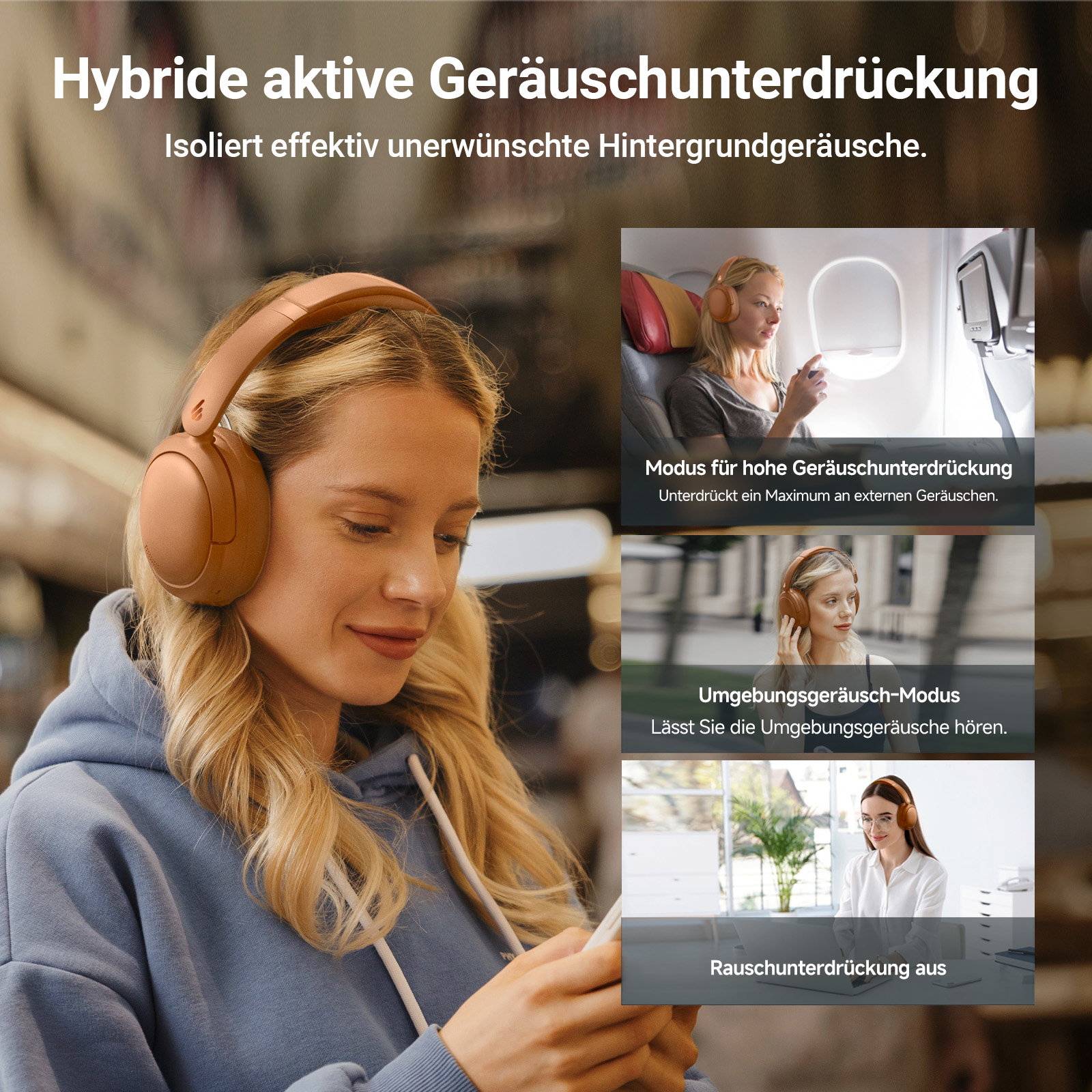 Frau mit Kopfhörern, verschiedene Diagramme. Text weist auf Geräuschunterdrückung hin.