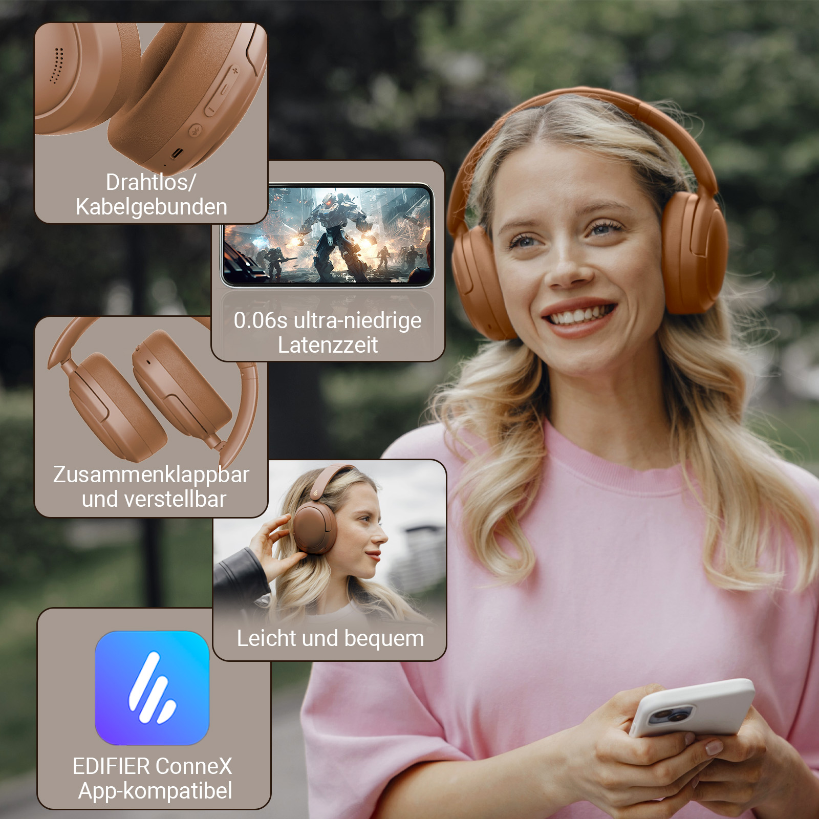 Frau mit braunen Kopfhörern, Bilder zeigen Eigenschaften und App-Kompatibilität.