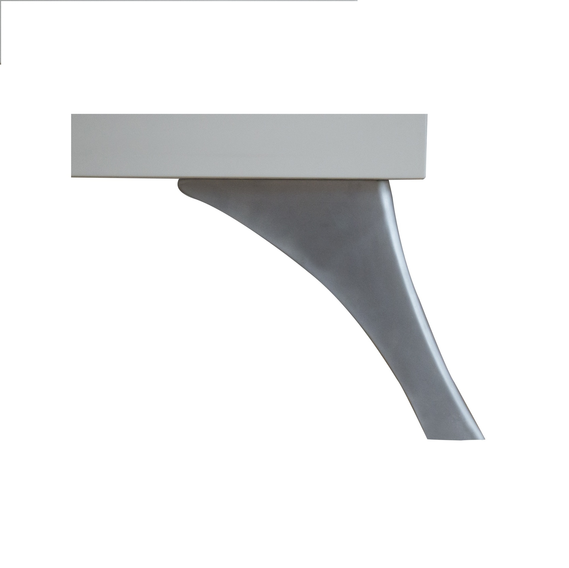 Een grijze tafelpoot is te zien. Het heeft een gebogen ontwerp en ondersteunt een lichtgrijs tafelblad. De achtergrond is wit.