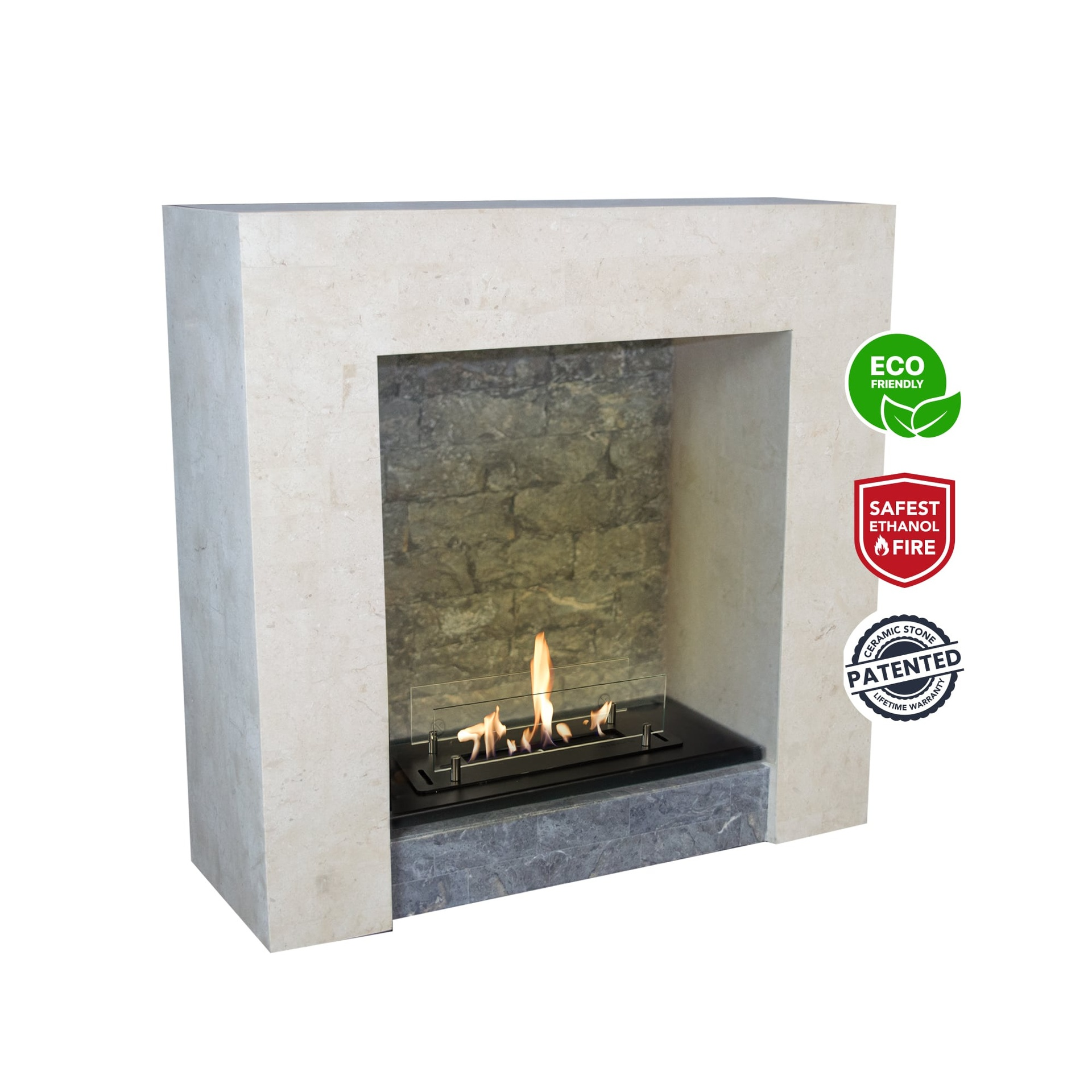 A modern fireplace with flames. It has a stone surround and safety labels.
