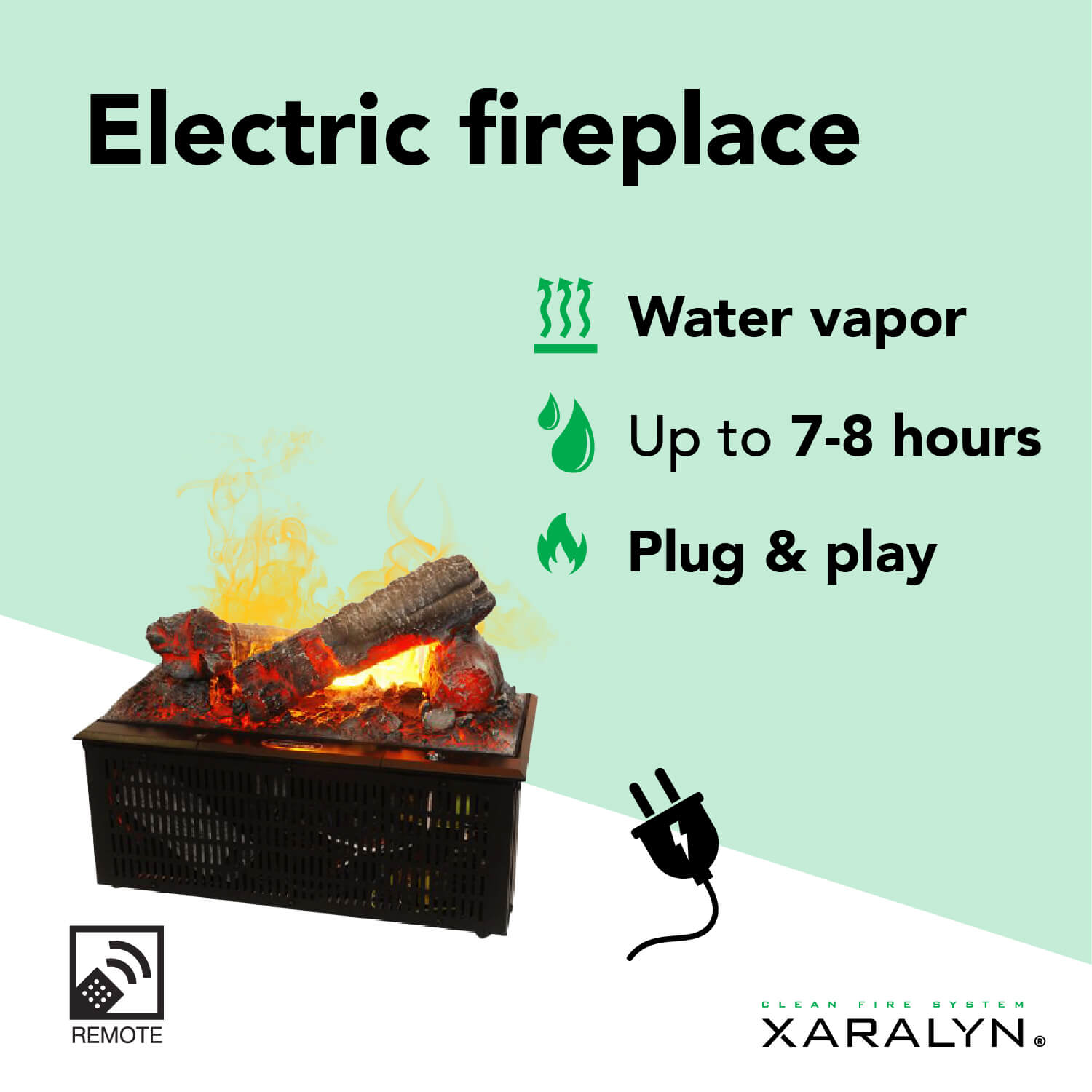 Een elektrische open haard met waterdamp, tot 8 uur gebruik en plug & play. Inclusief afstandsbediening en het merk Xaralyn.