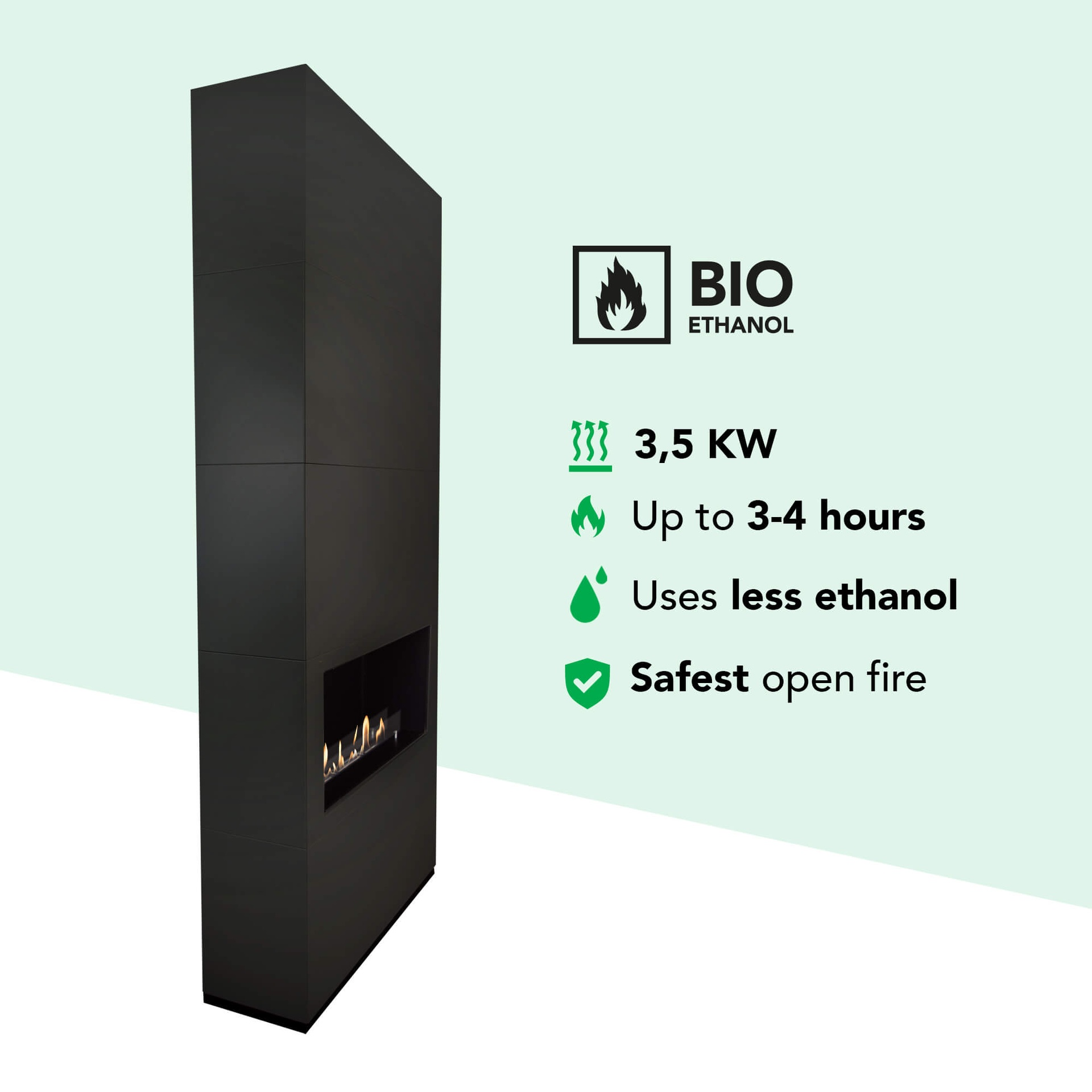 Een zwarte bio-ethanol haard met vlammen. Tekst: 3,5 KW, tot 3-4 uur, gebruikt minder ethanol, veiligste open vuur.