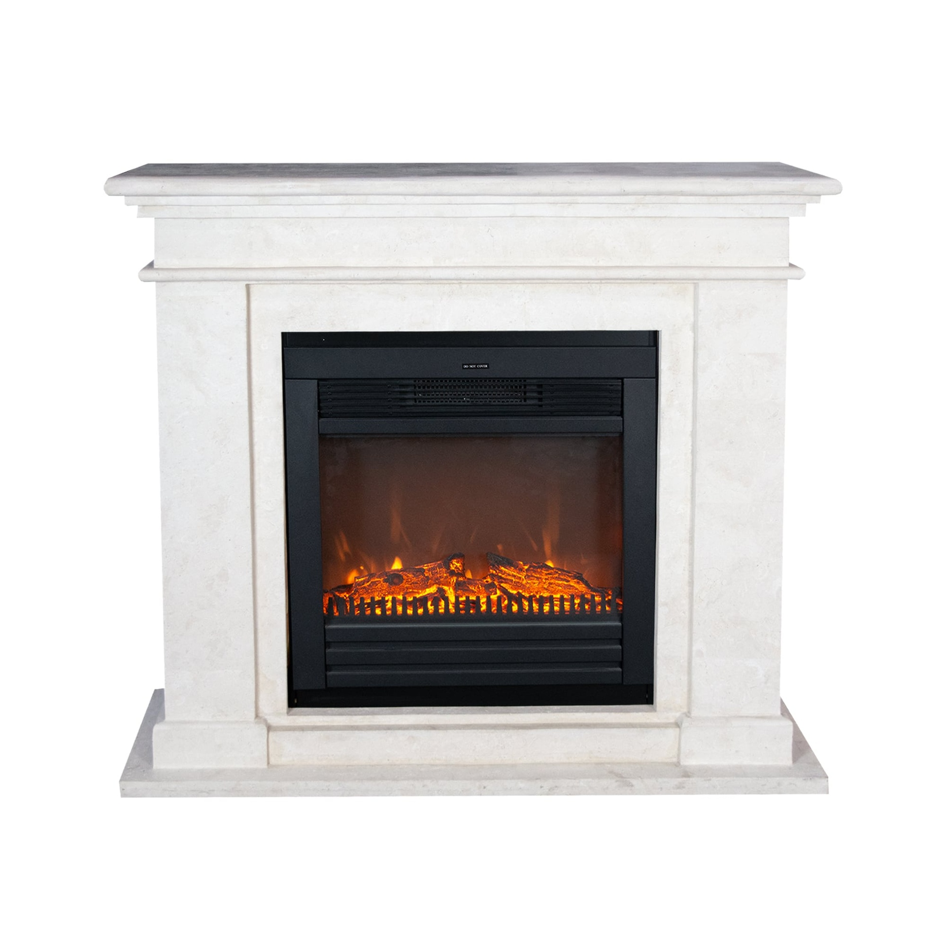 Een witte marmeren open haard met zwart interieur met een gloeiend vuureffect.