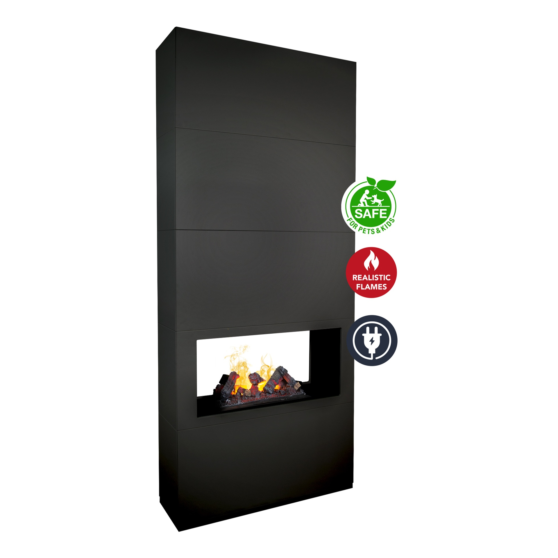 Zwarte elektrische open haard met realistische vlammen. Logo's: Veilig voor huisdieren en kinderen, realistische vlammen, stekker.