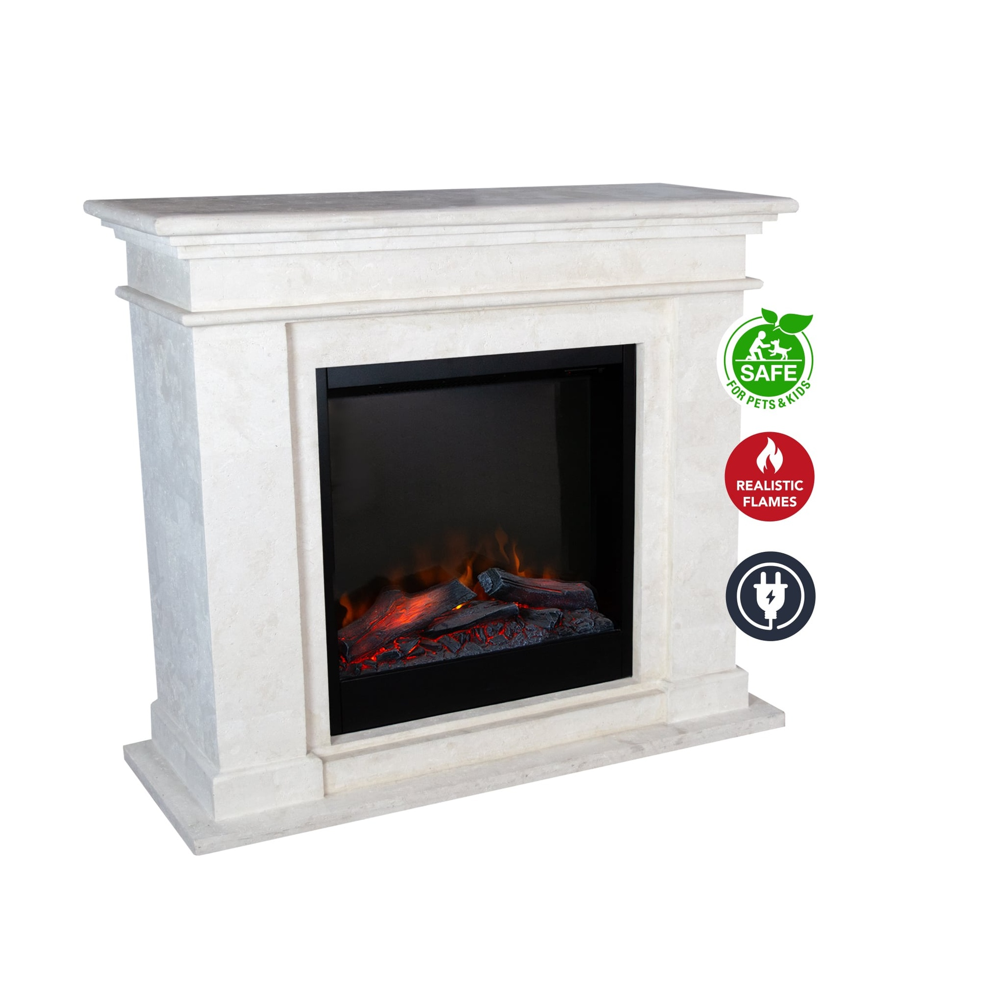 A beige electric fireplace with realistic flames. It has safety icons for pets and kids, and a plug.