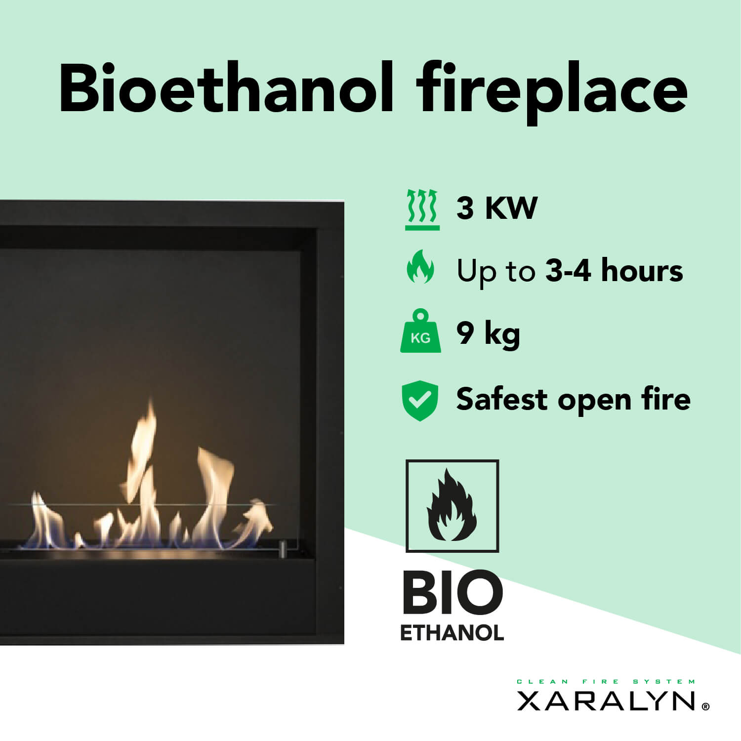 Bio-ethanol haard, zwart frame met vlammen en informatie over 3 KW, 3-4 uur, 9 kg, veiligste open vuur.