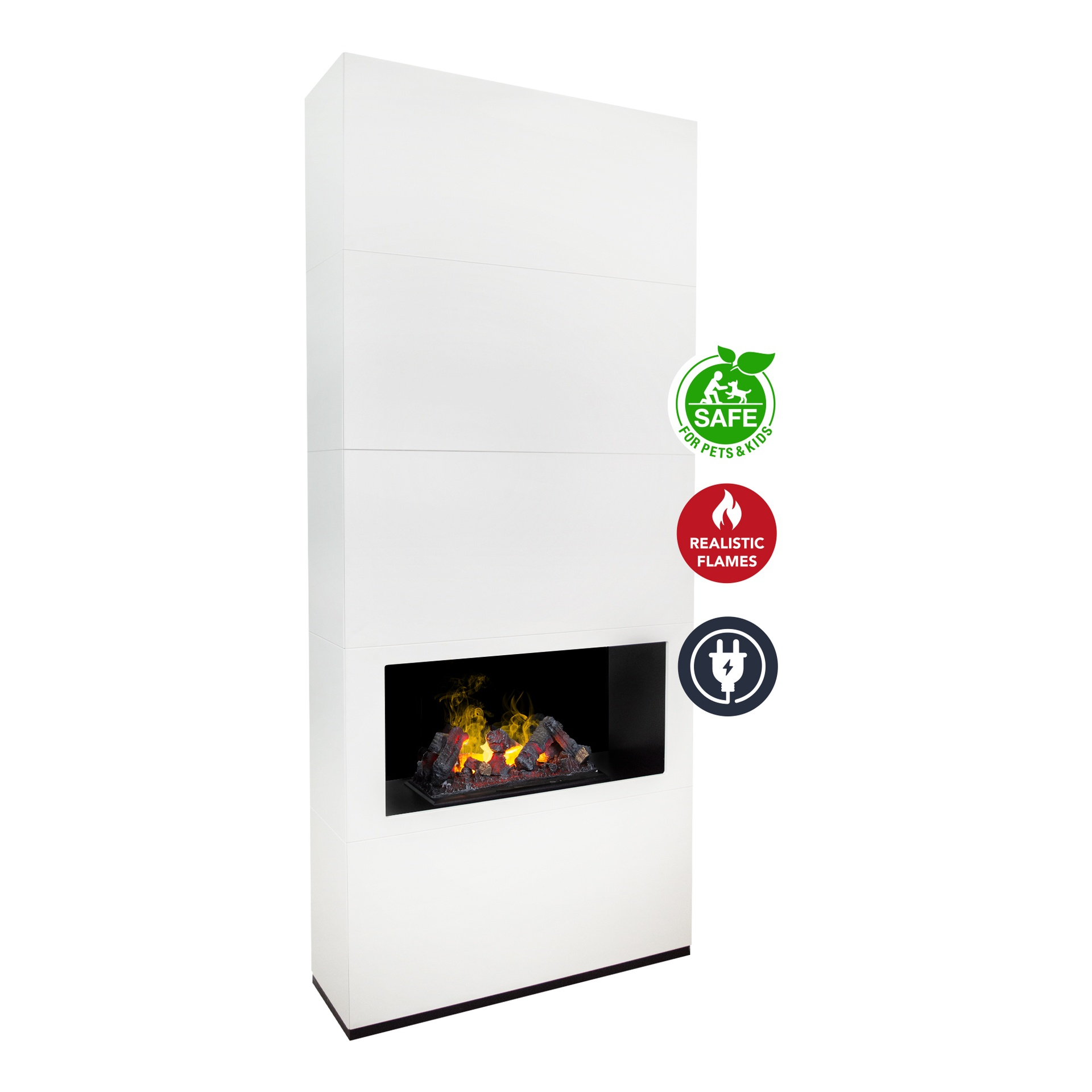 Witte elektrische haard met realistische vlammen, veilig voor huisdieren en kinderen. Inclusief stekker- en vlampictogram.