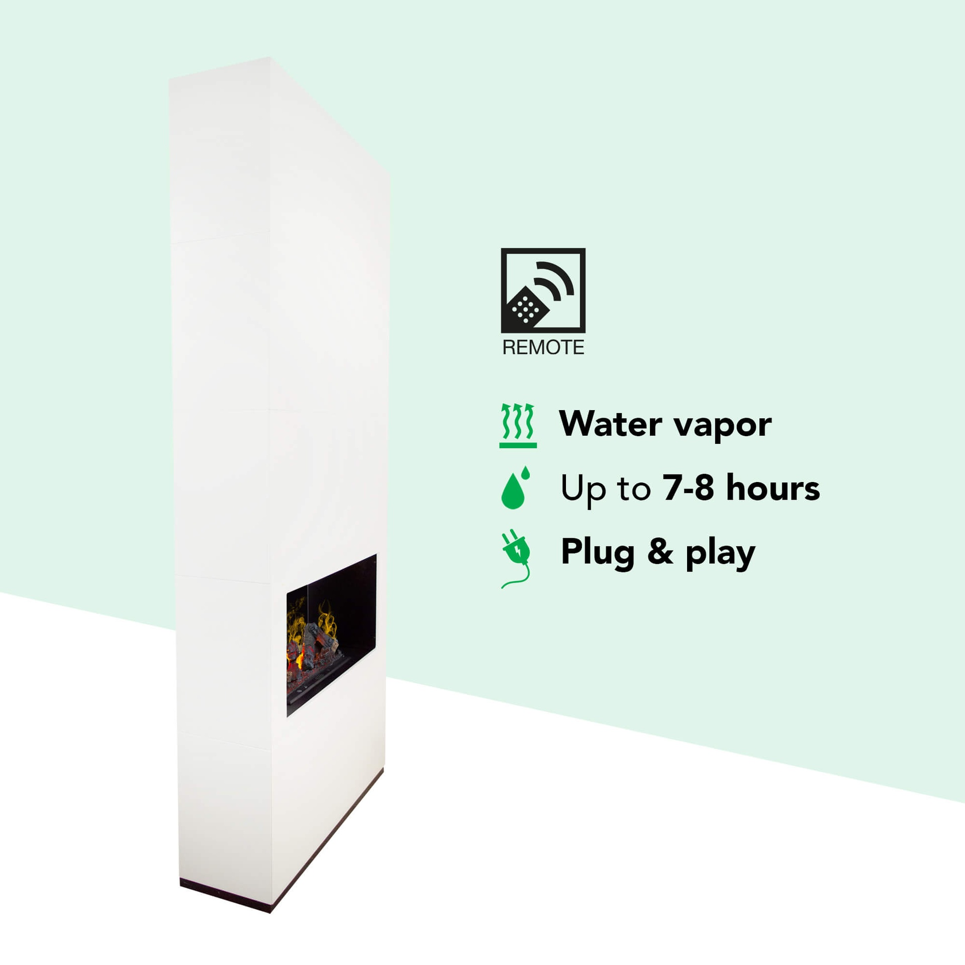 Een witte open haard met een zwarte inzet. Tekst geeft afstandsbediening, waterdamp, 7-8 uur en plug & play-functies aan.