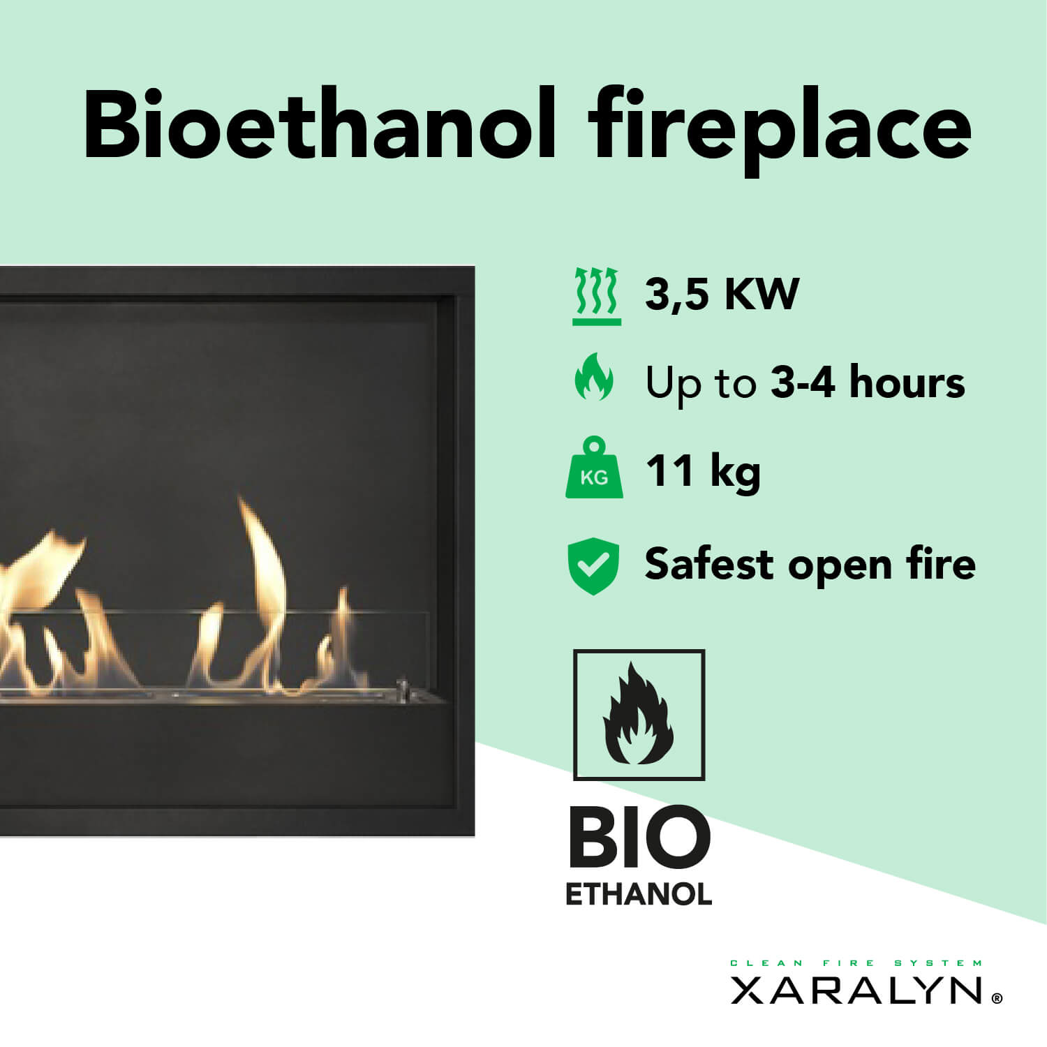 Een bio-ethanol haard met vlammen. Het toont specificaties: 3,5 KW, 3-4 uur brandtijd, 11 kg gewicht. Het merk is XARALYN.