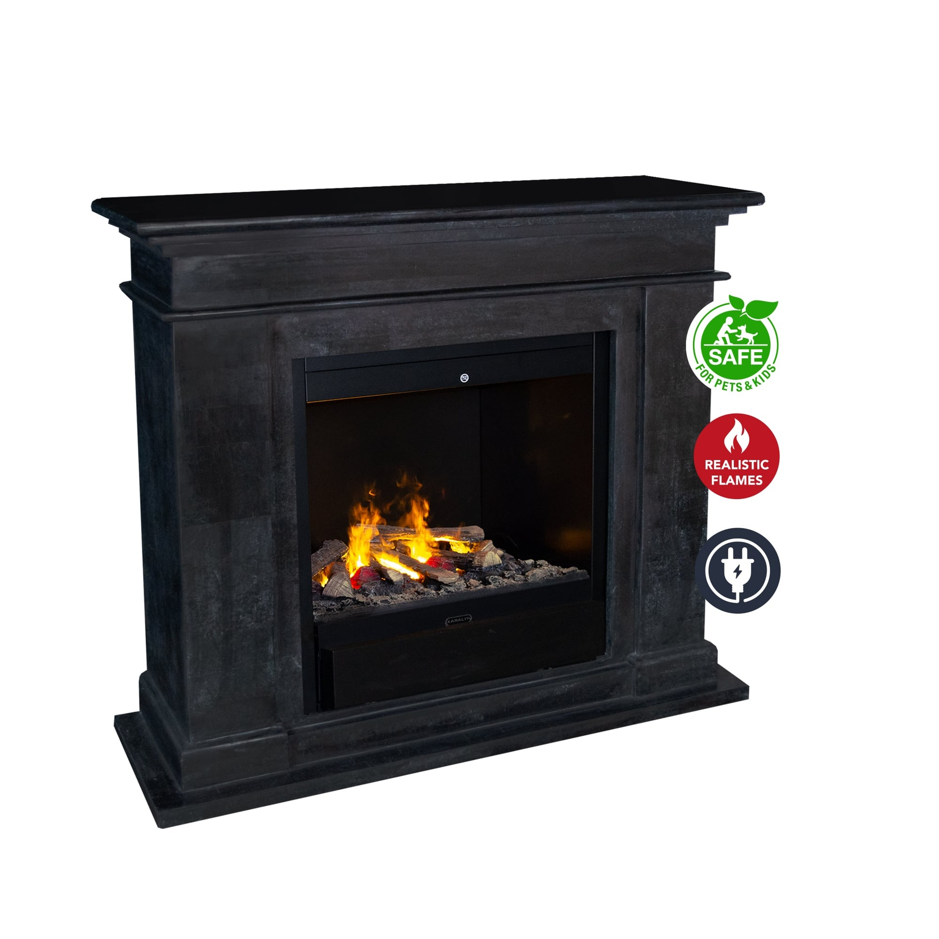 Een donkergrijze elektrische open haard met realistische vlammen. Het heeft een mantel en veiligheidspictogrammen voor huisdieren en kinderen.