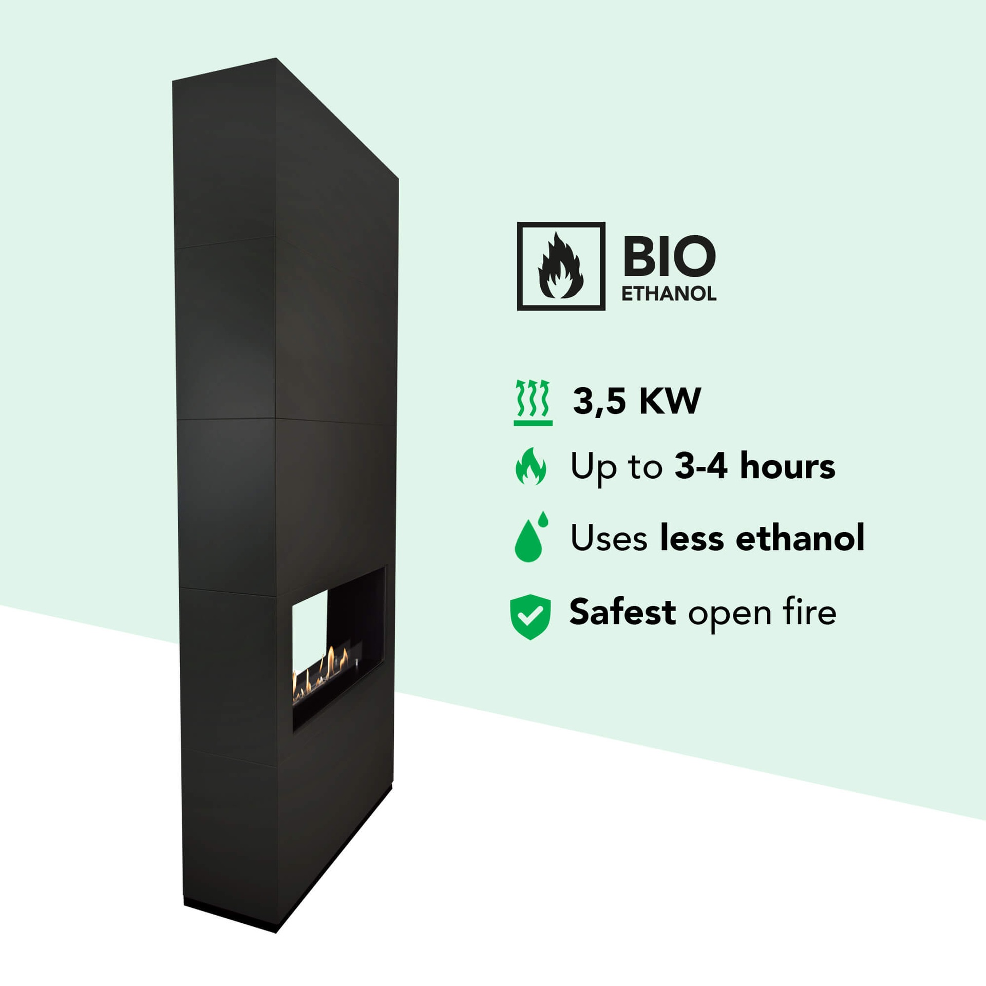Een zwarte bio-ethanol haard. Details: 3,5 KW, tot 3-4 uur, gebruikt minder ethanol en het veiligste open vuur.
