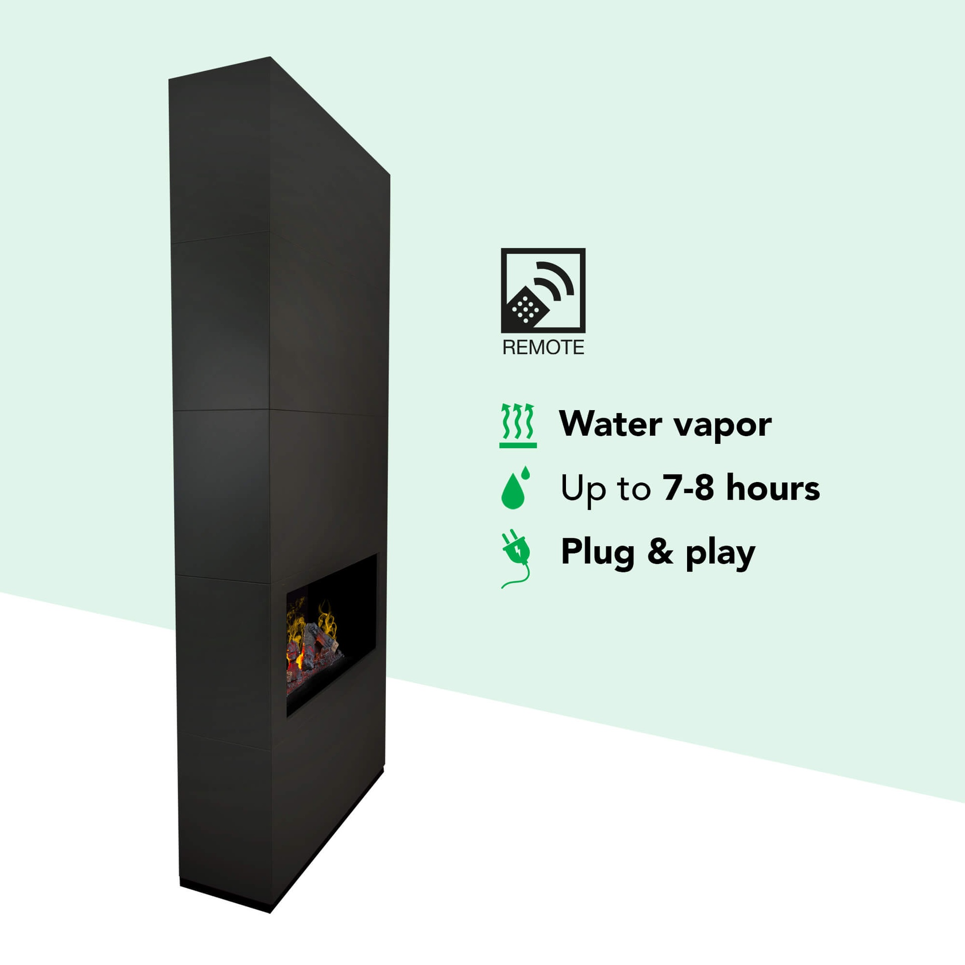 Zwarte elektrische haard met vlameffect. Kenmerken: afstandsbediening, waterdamp, 7-8 uur gebruik, plug & play.