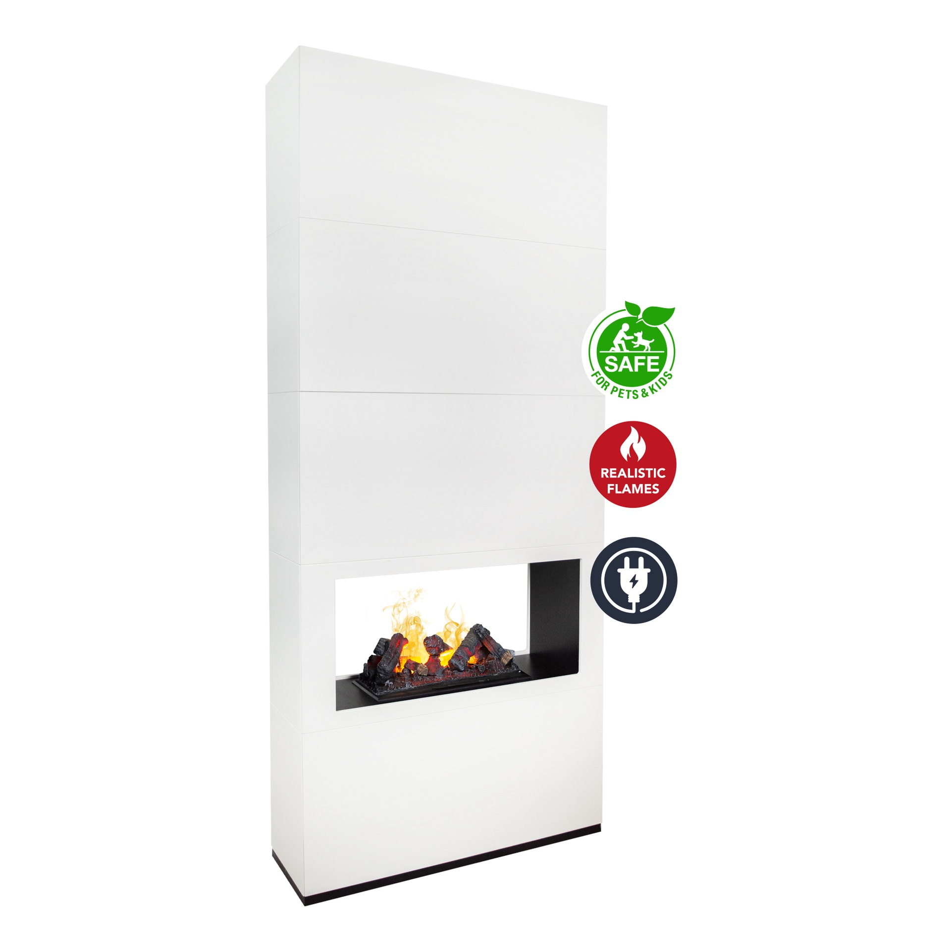 Witte elektrische haard met realistische vlammen. Iconen geven veiligheid voor huisdieren en kinderen aan.