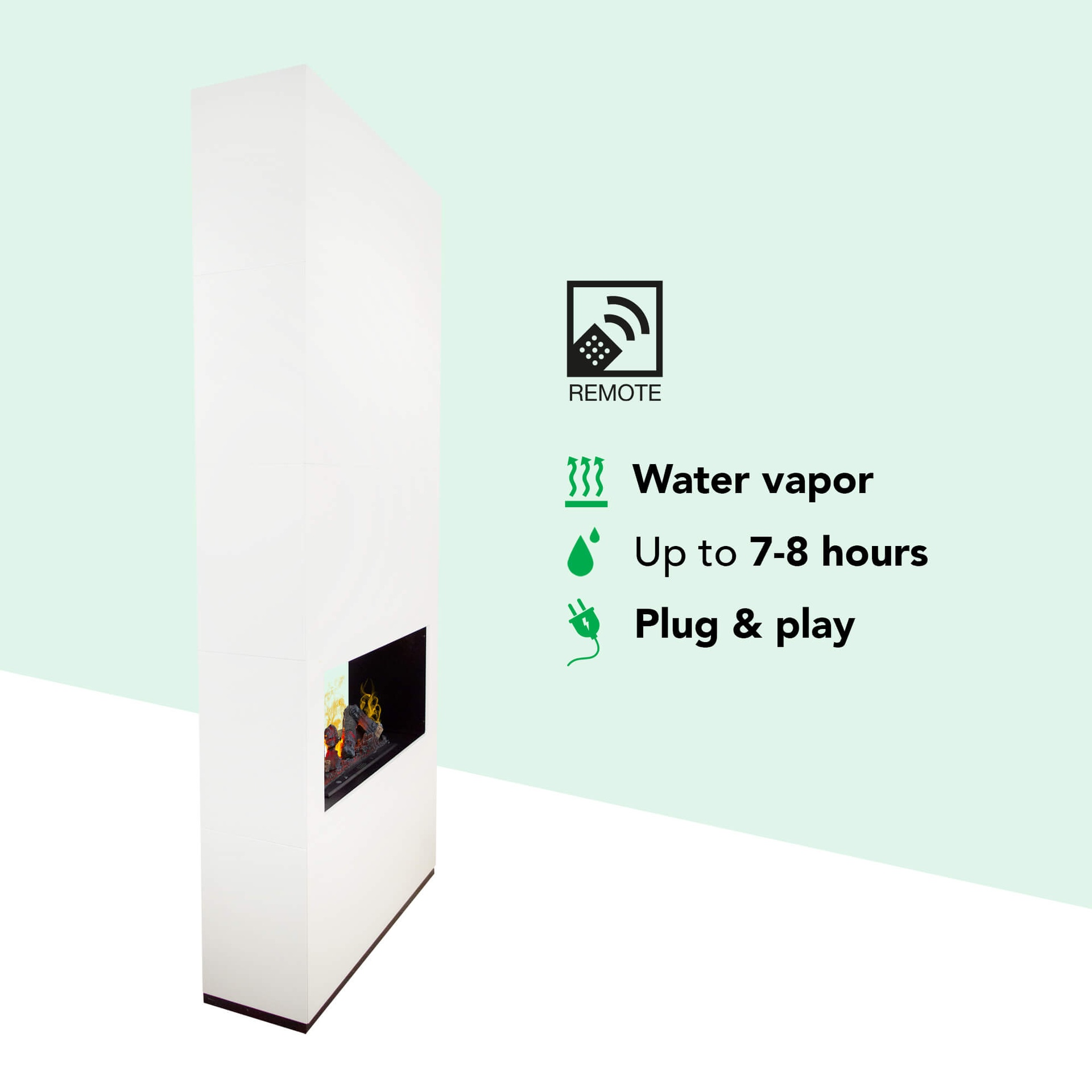 Witte elektrische open haard, met waterdamp, tot 7-8 uur en plug & play. Afstandsbediening is beschikbaar.