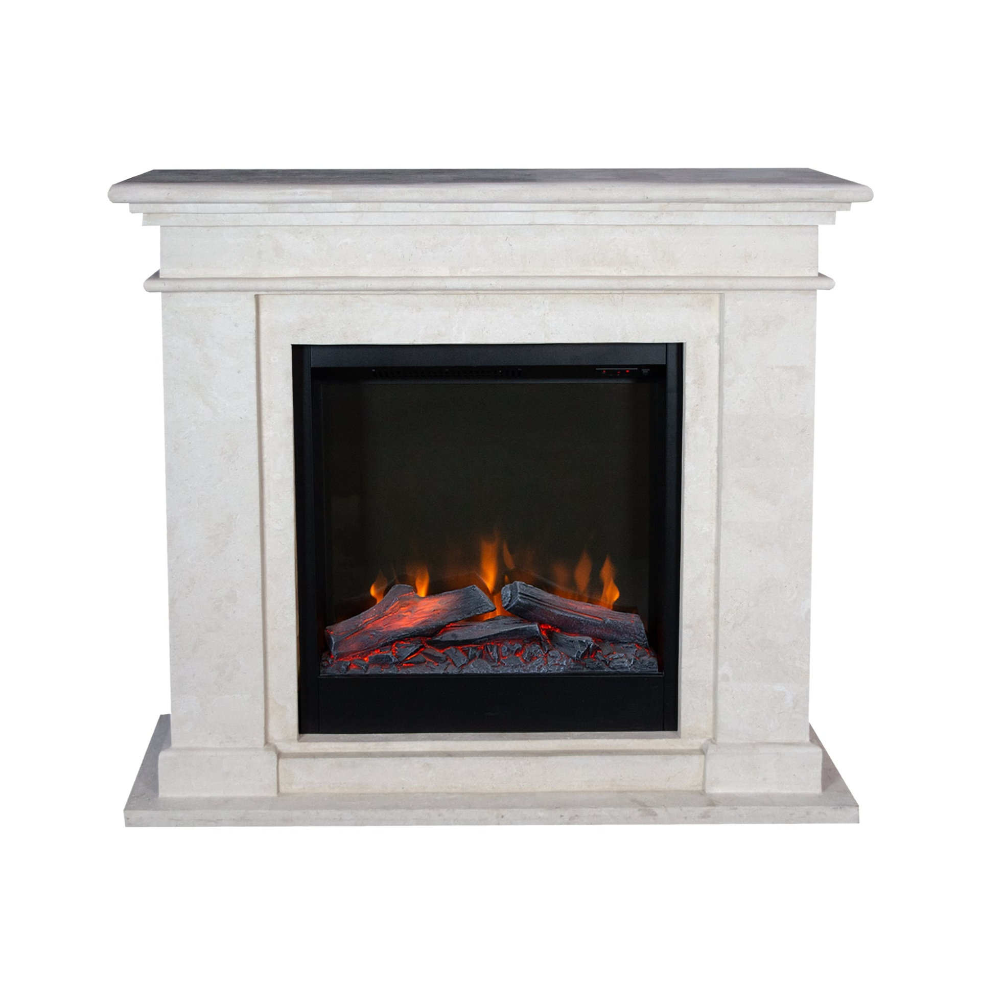 A stone fireplace with a black interior. It features fake logs and flames. The exterior is light beige.