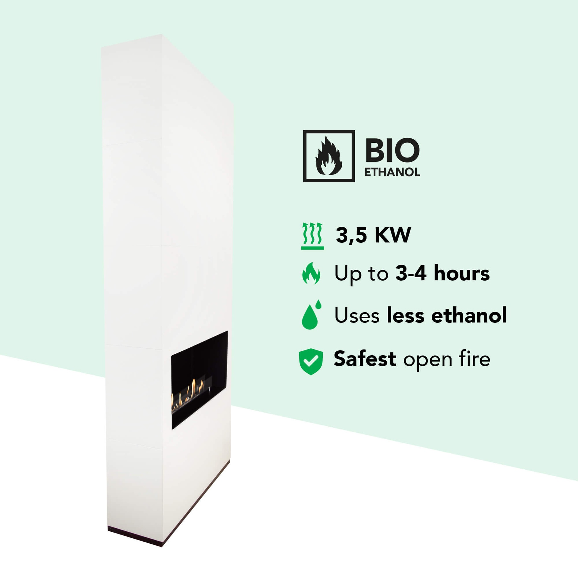 Witte bio-ethanol haard met vlam. Info: 3,5 KW, 3-4 uur gebruik, minder ethanol, veiligste open vuur.