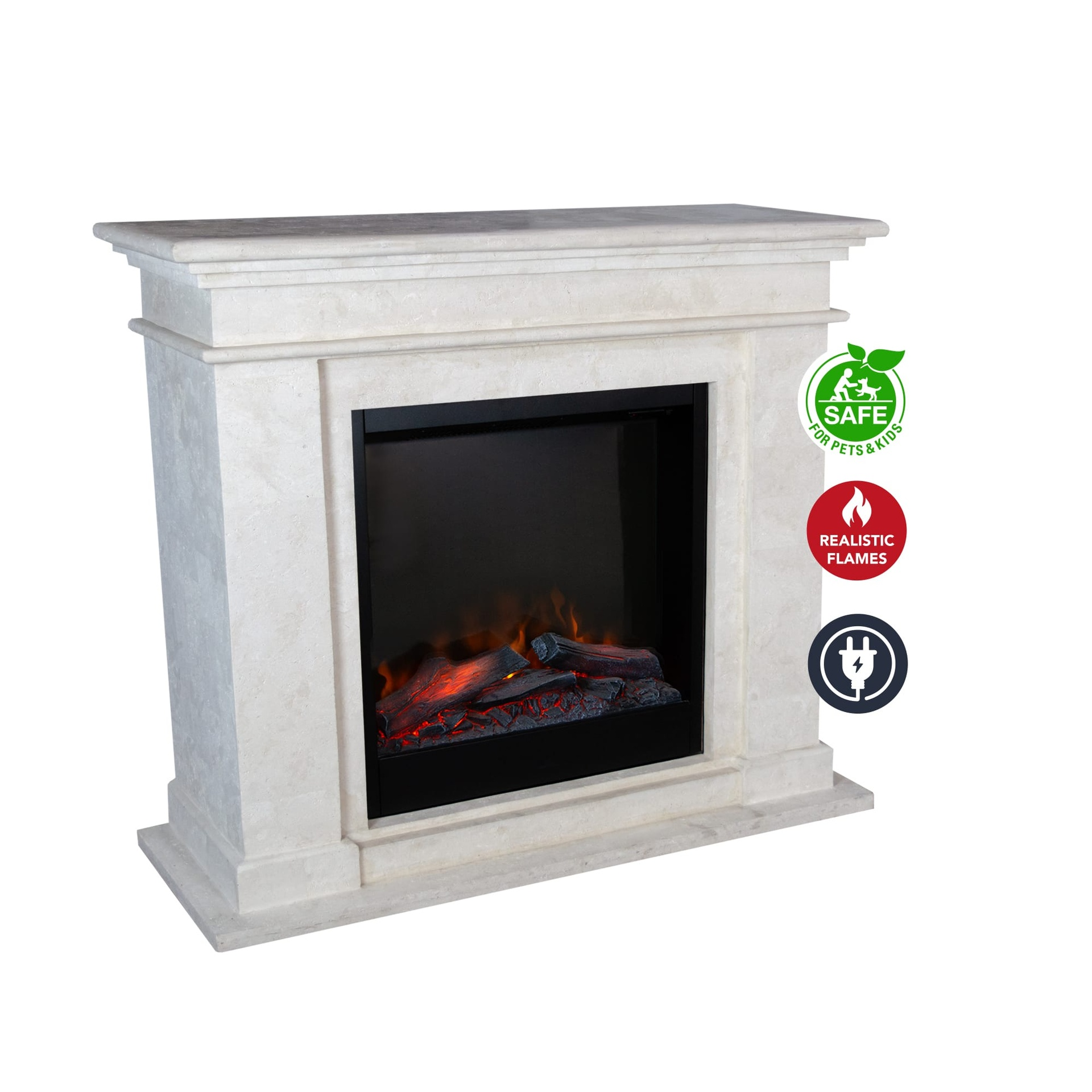 A cream-colored electric fireplace with a black interior, glowing logs, and safety icons. It's safe for pets and kids.
