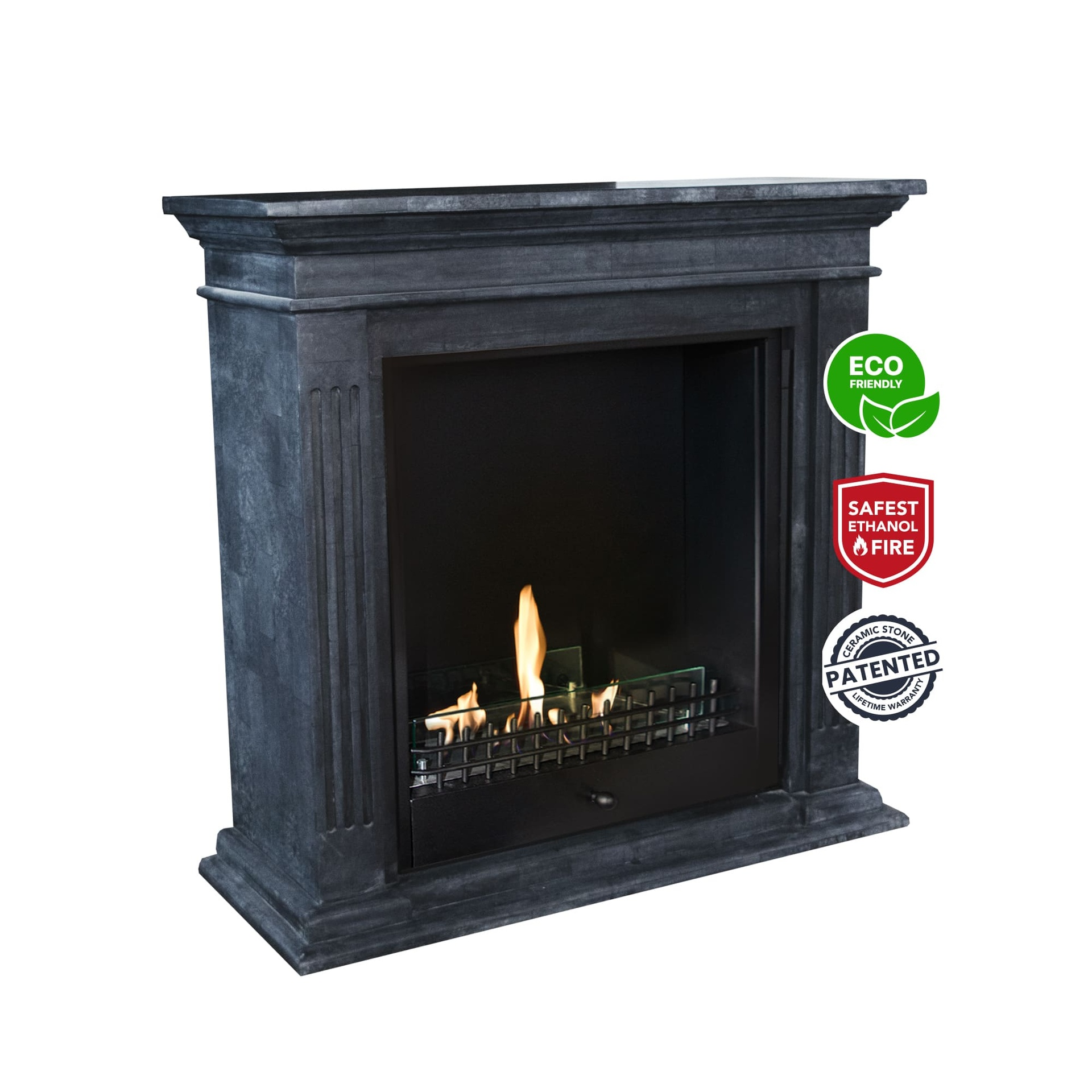Een donkergrijze open haard met vlammen. Het heeft een 'Eco Friendly' en 'Safest Ethanol Fire' sticker.