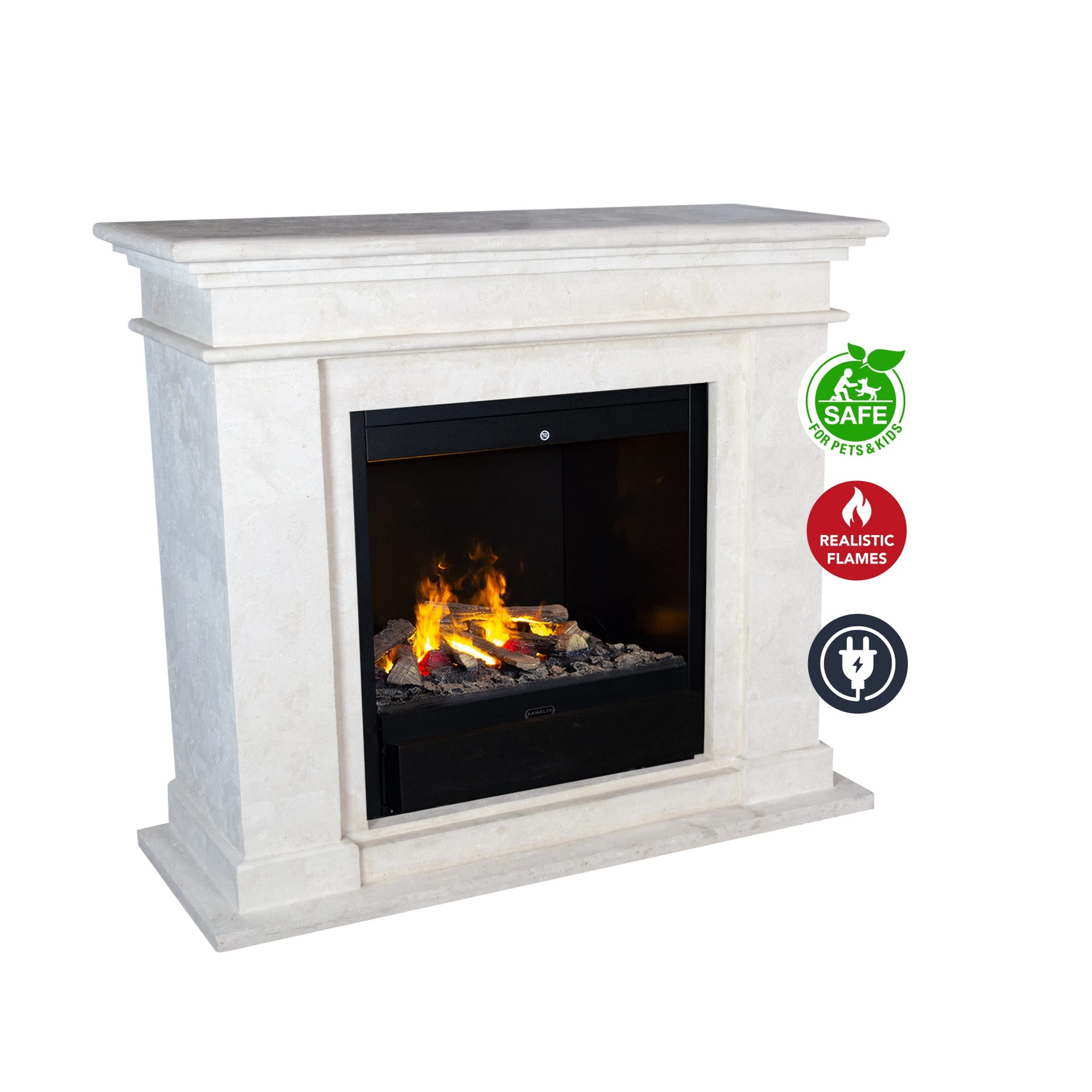 Een witte stenen open haard met een zwart interieur. Het heeft een realistisch vlameffect. Veilig voor huisdieren en kinderen, en elektrisch.